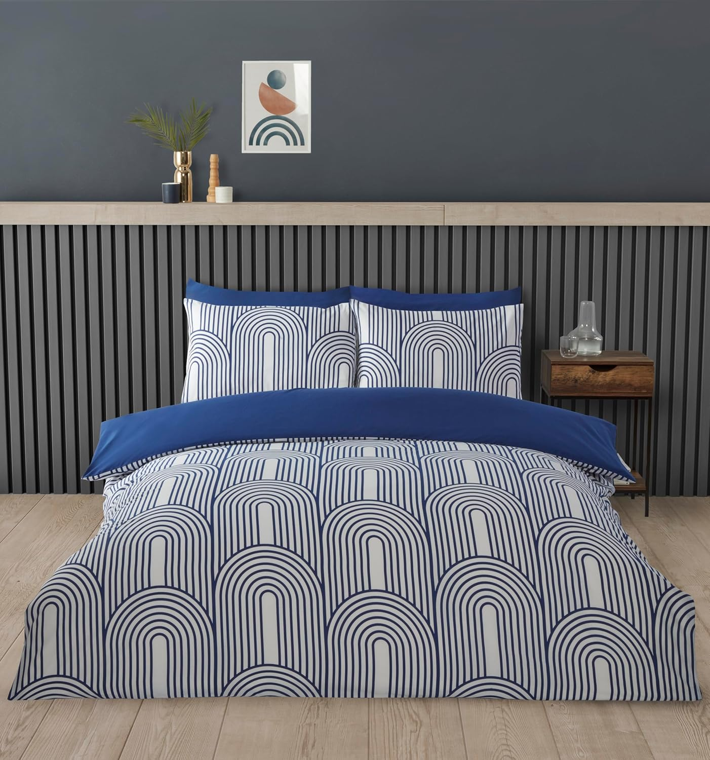 Rapport Home Kingsize Duvet Cover Set Premium Polycotton Arches Geometric Design Blue and White Minimalist 3PC Non-Iron Luxury Bedding Set with Snap Closure