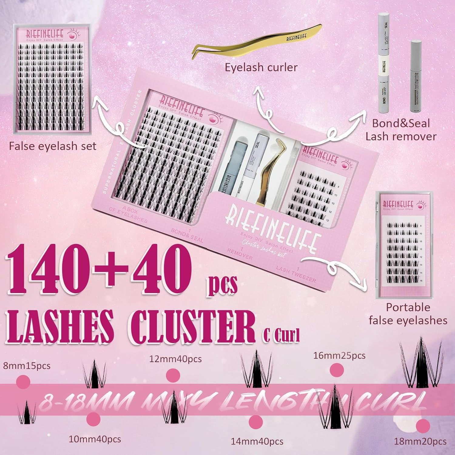 Spiky Cluster Lashes, Wispy 8-18Mm DIY Eyelash Extensions Kit, C and D Curl Pro Cluster & Individual Lashes with Bond, Remover, Applicator, Tweezers,Eyelashes Clusters Kit for Home and Party (Black-Mangga) - Black-Mix image number 4