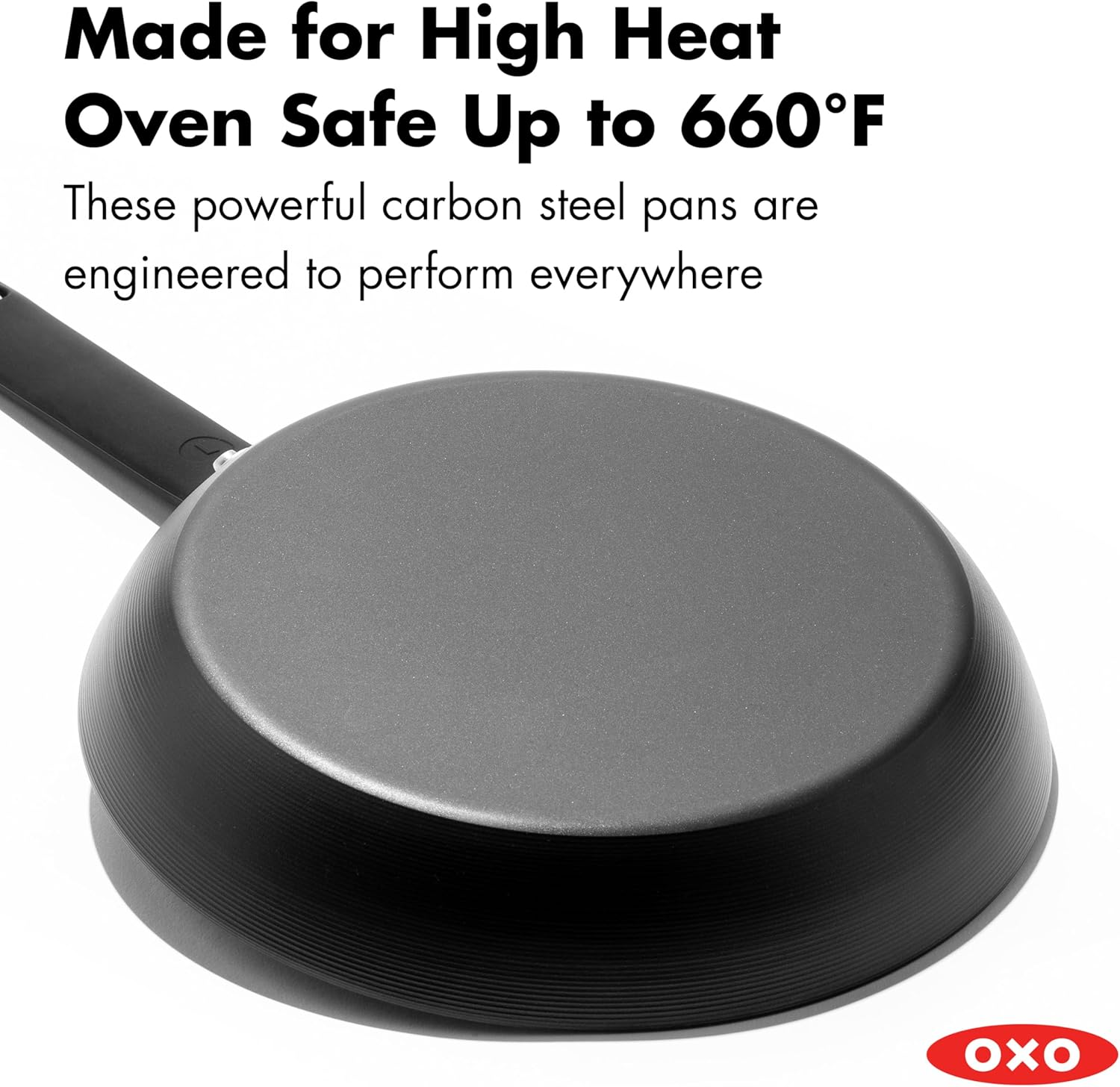 OXO Obsidian Pre-Seasoned Carbon Steel, 12" Frying Pan Skillet with Removable Silicone Handle Holder, Induction, Oven Safe, Black image number 6