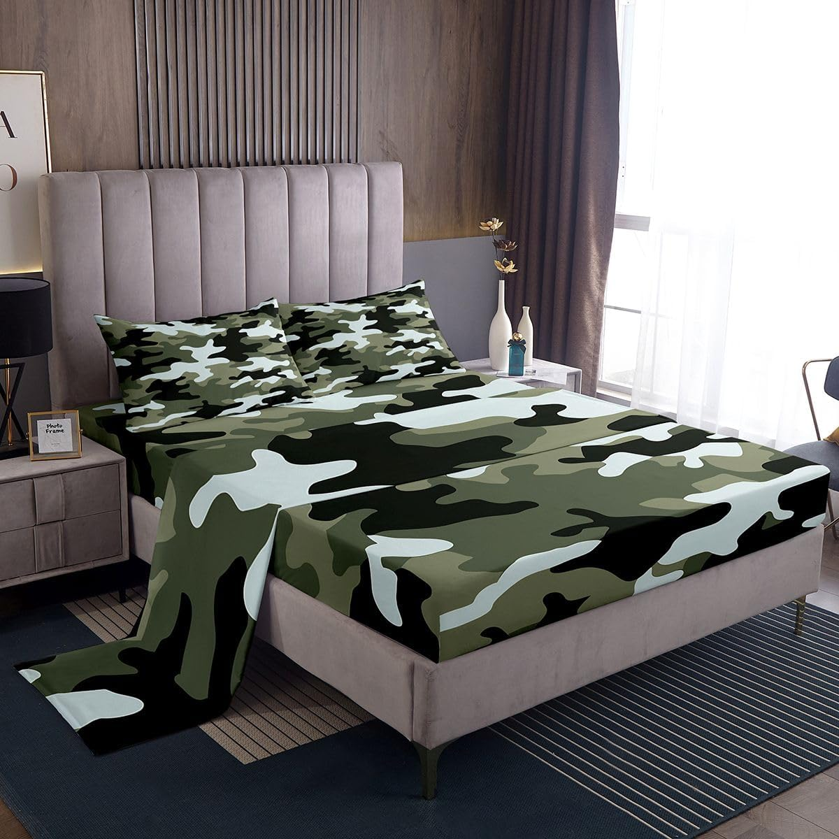 Boys Cartoon Camo Bed Sheet Queen Size Army Green Camouflage Bedding Set 4Pcs for Kids Men Youth Bedroom Decor Soldier Lover Deep Pocket Fitted Sheet Green Abstract Top Flat Sheet,2 Pillowcases image number 6