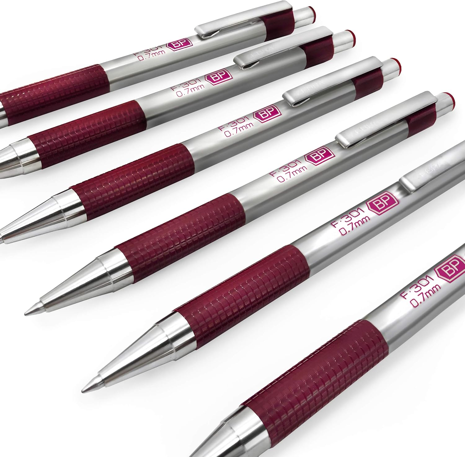 Zebra F-301 - Stainless Steel Retractable Ballpoint Pen - 0.7Mm Medium - BLUE Ink - Maroon Barrel - Pack of 6