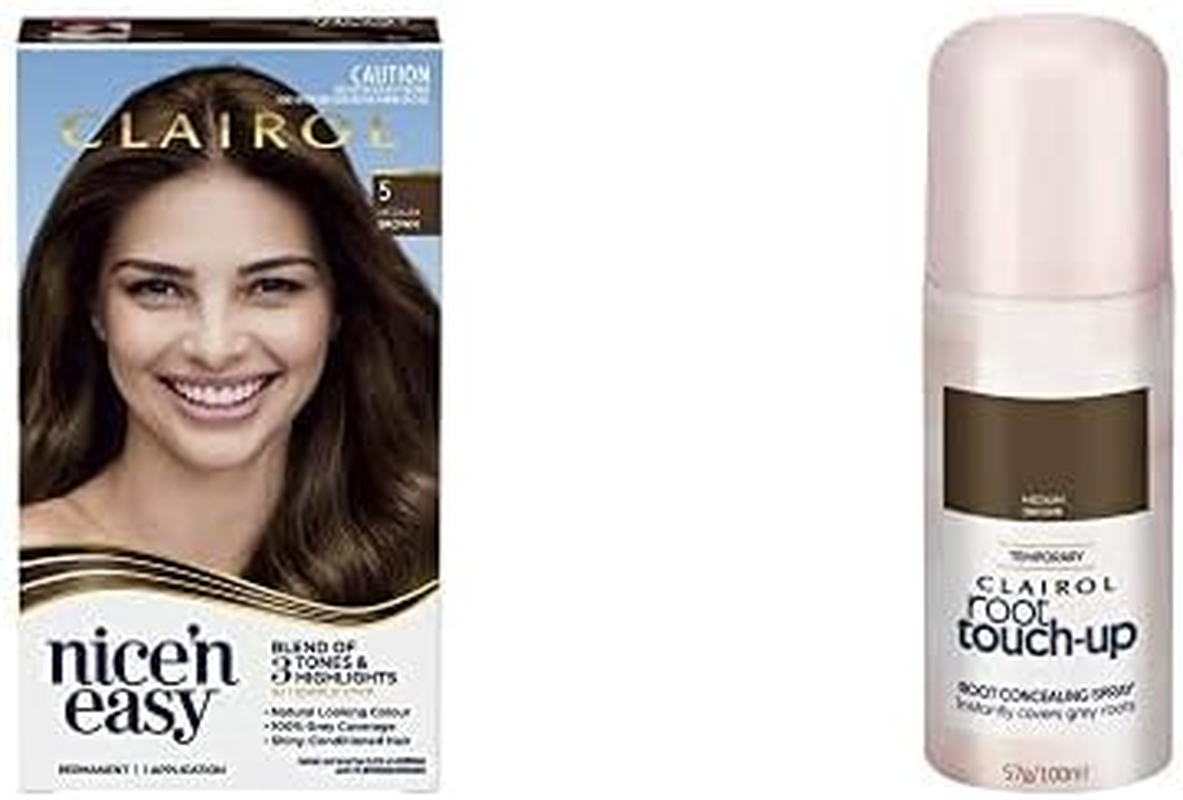 Clairol Hair Colour Bundle: Clairol Nice'N Easy 5 Natural Medium Brown + Root Touch up Root Concealing Spray - Medium Brown, for Brown Hair