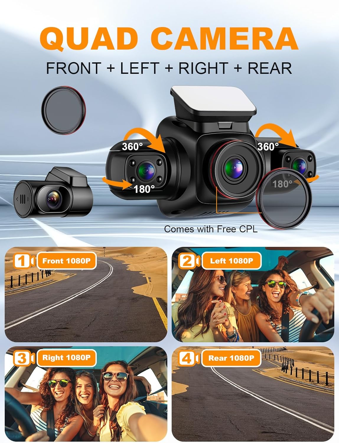 PRUVEEO Dash Cam for Car, 4 Channel Camera FHD 1080Px4, Front Left Right and Rear, Front and Rear Inside, Built-In GPS Wifi, Polarizing Lens CPL Filter, Free 128GB Card, Double CPL image number 3