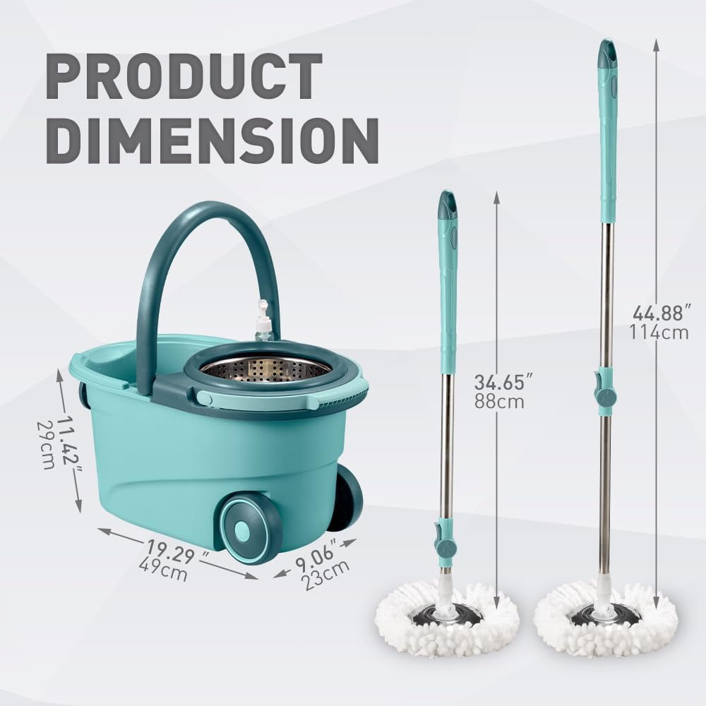 ZUNI 360&deg; Spin Mop and Bucket Set with 3 Microfiber Replacement Head Refills, Wet Dust Mop Set with Adjustable Stainless Steel Handle, Spinning Mop Bucket for Home Cleaning, Green - Green image number 6