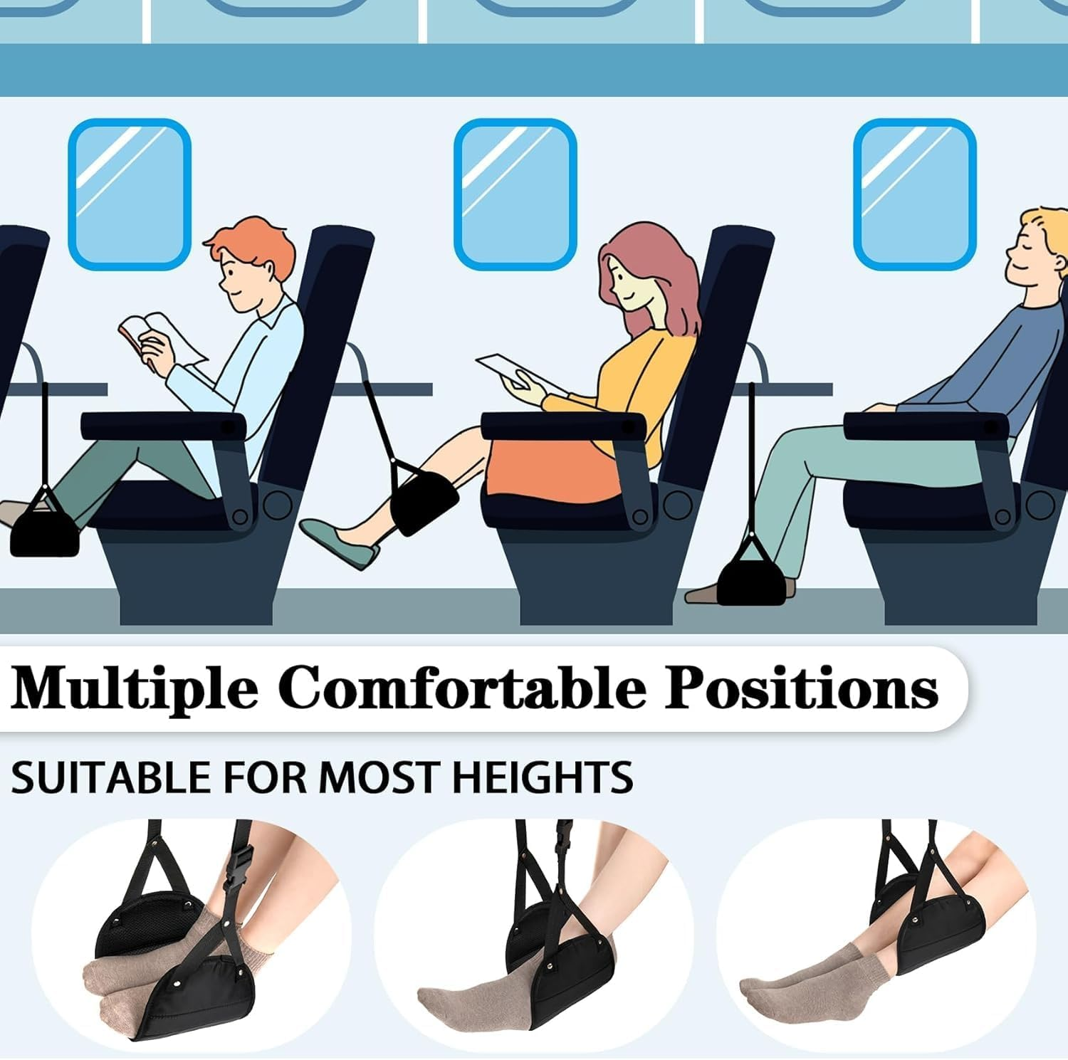 New Airplane Foot Rest,Portable Travel Footrest Flight Carry-On Footrest Adjustable Height Foot Rest Travel Accessories Footrests Hammock,Black image number 4