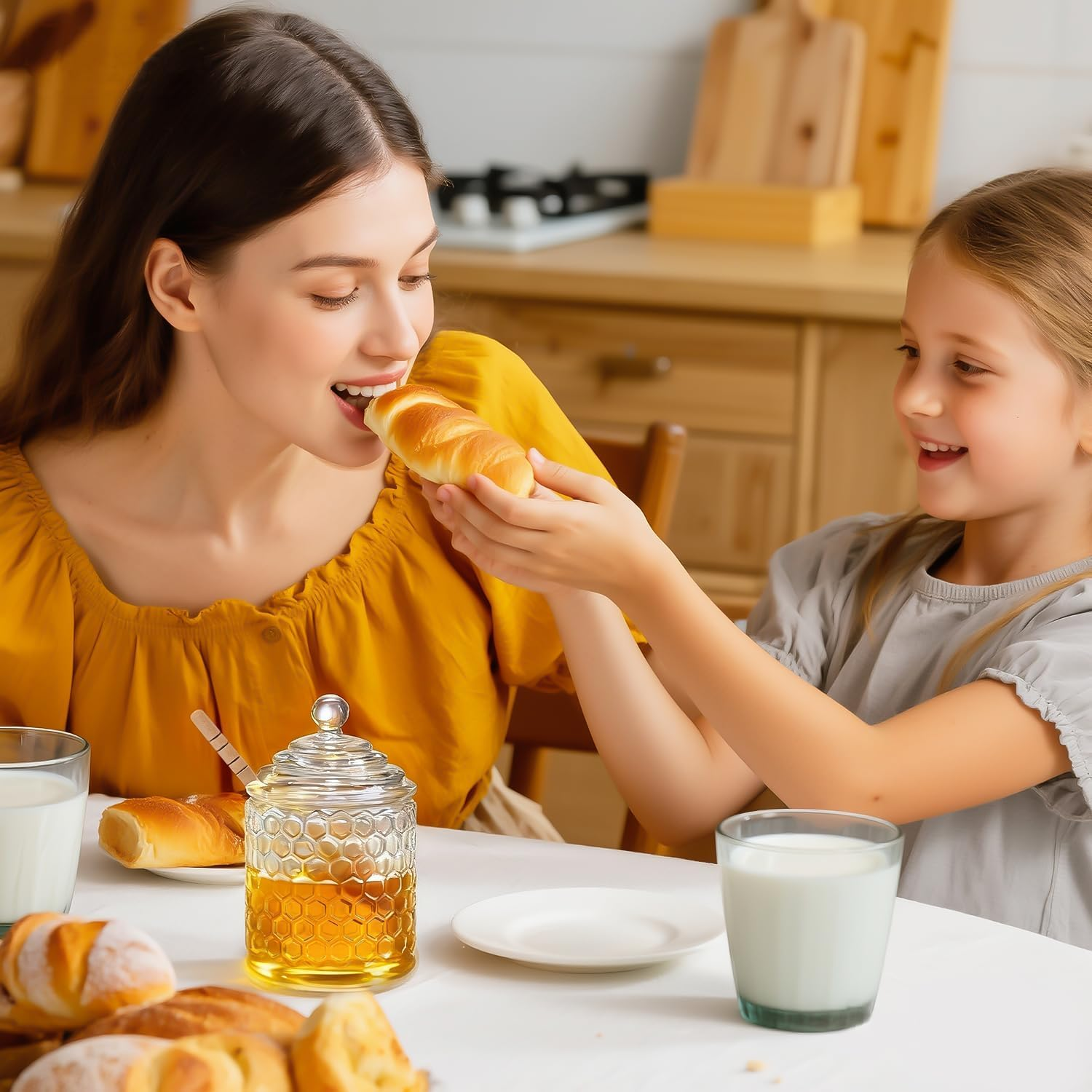 Kanpura Clear Crystal Honey Pot with Dipper and Lid Glass Honey Jar with Dispenser Honey Holder and Syrup Container for Home Kitchen,9 Oz image number 6