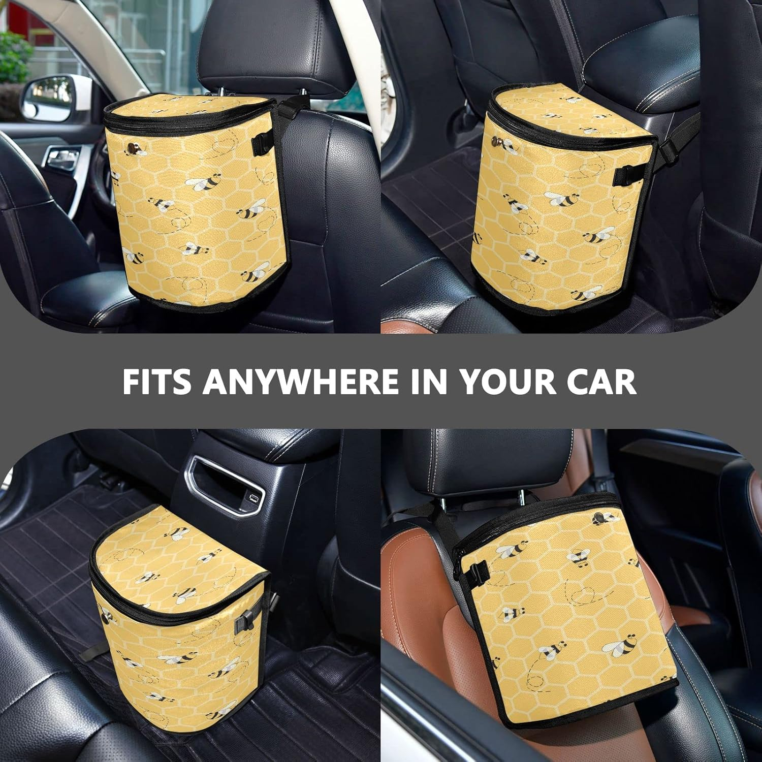 Quteprint Animal Bees Honeycomb Yellow Car Trash Can with Lid, Car Garbage Bag Can Hanging Storage Bag Leakproof Vehicle Car Organizer Accessories Trash Bag Bin Toy Cooler Food Container for Car SUV image number 2