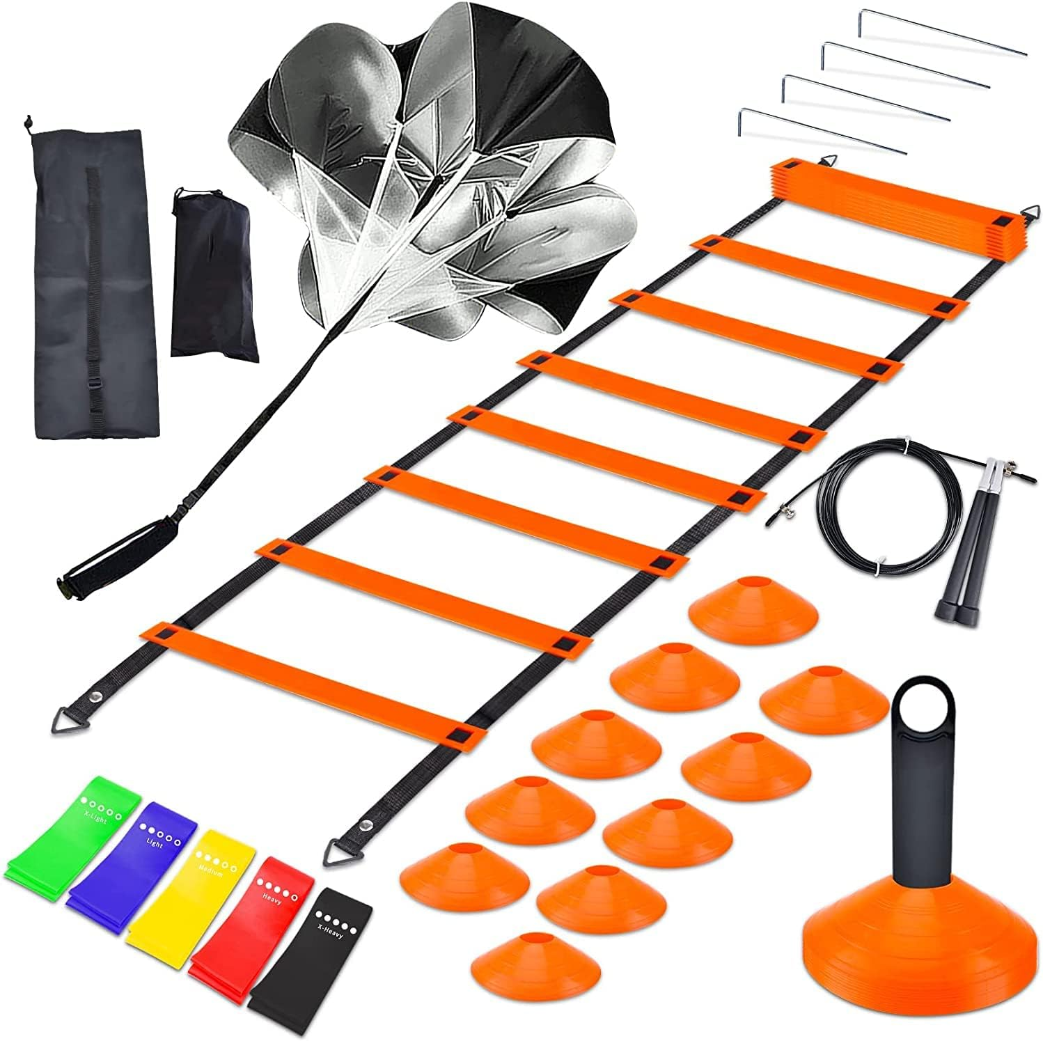 Speed Agility Training Set, Includes 12 Rung Agility Ladder,10 Disc Cones, Jump Rope, Resistance Bands, Running Parachute, Holder, for Football, Hockey Training Athletes image number 5