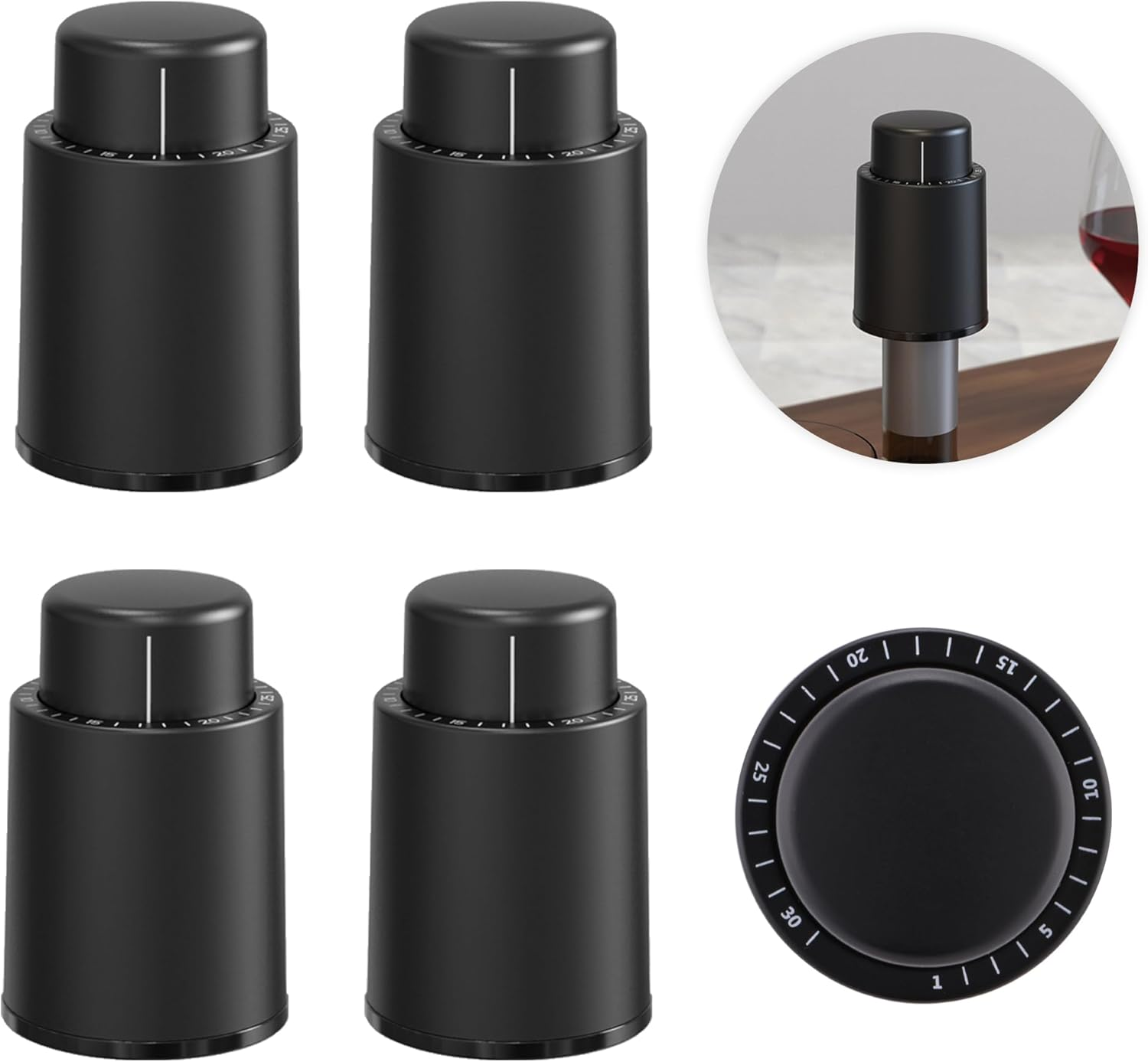 ANNIVERS [4 Pack] Vacuum Wine Bottle Stopper Wine Cork Air Pump Wine Stopper Saver Sealer, Reusable Leak Proof Silicone Seal Keep Fresh with Date Scale for All Wine Bottles, Bouchon Bouteille De Vin