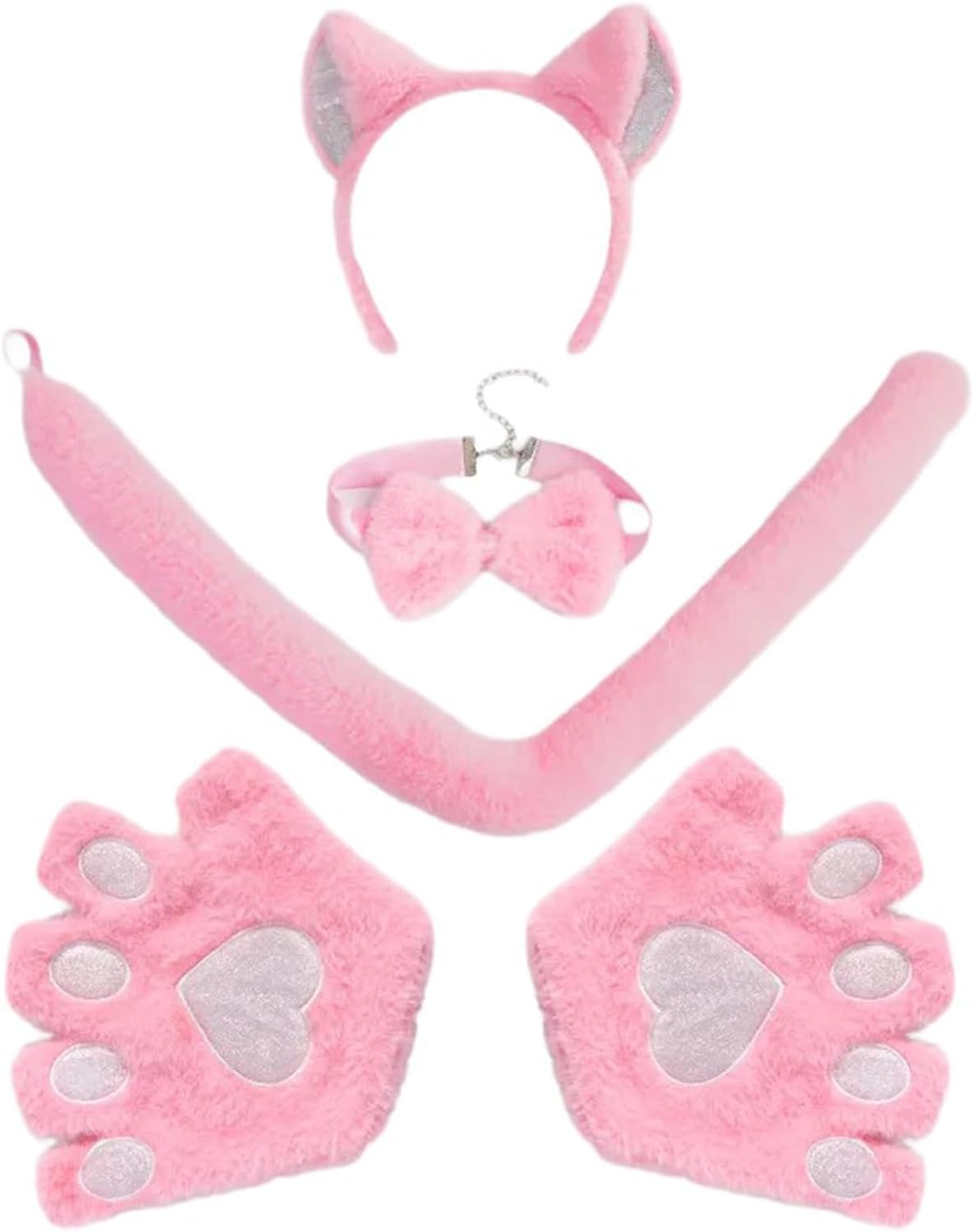 Cat Ears and Wolf Fox Animal Tail Cosplay Costume, Cat Costume Accessories Set, Cats Ear Headbands Tail Cats Paw Glove Bowknots Kids Halloween Animal Cosplays Accessories, Pink image number 3