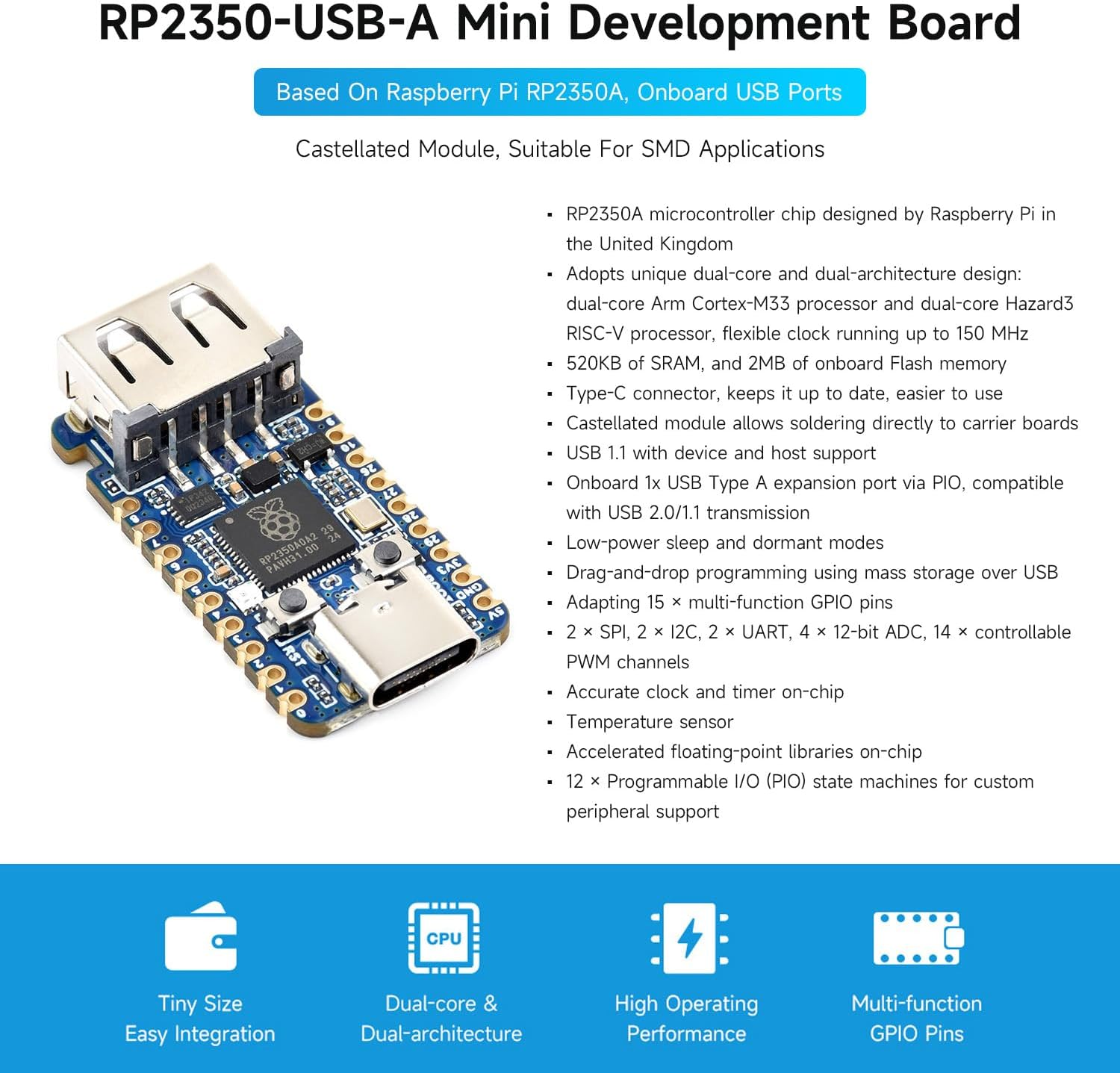 Waveshare RP2350A USB Mini Development Board, Based on Raspberry Pi RP2350A Dual-Core & Dual-Architecture Microcontroller, 150Mhz Operating Frequency image number 4