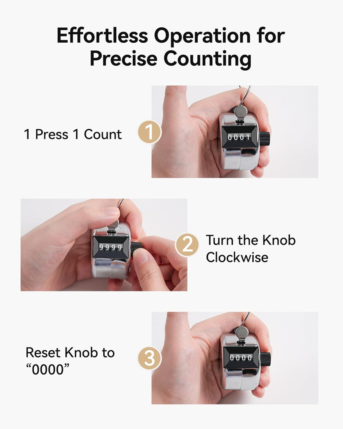 Clicker Counter, Hand Tally Counter Clicker, Metal Pitch Counter with 4 Digit Display and Finger Ring for Golf Stroke, Coaching, Lap, Row Sport, Event Counting image number 3