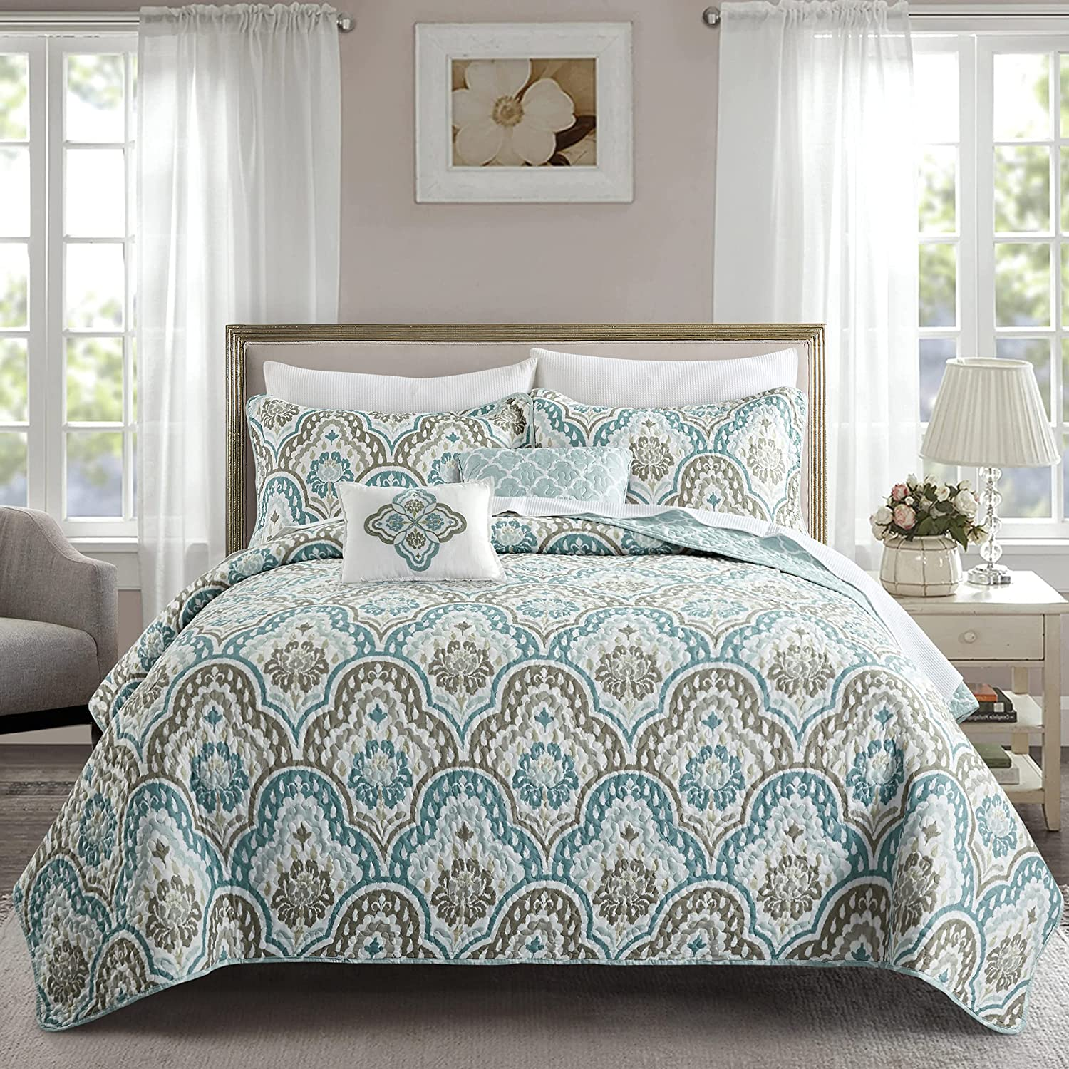 Home Soft Things Tivoli Ikat King Size 102" X 90" 5 Piece Teal Aqua Printed Prewashed Quilted Coverlet Bedspread Bed Cover Set for All Season, Lightweight Quilt Blanket with Matching Shams Pillows image number 3