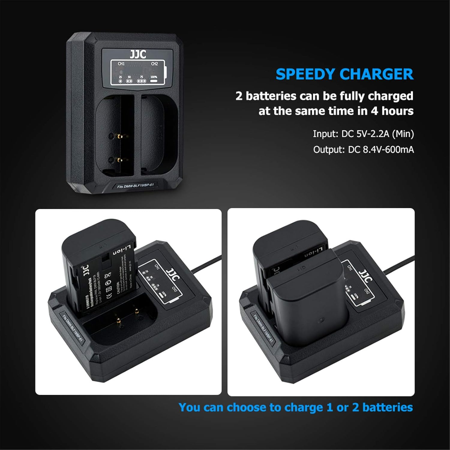 JJC DMW-BLF19 Battery Charger USB Dual Slots for Panasonic Lumix GH5S G9 GH5 GH4 GH3 & for Sigma BP-61 Sd Quattro (H), Replaces Panasonic DMW-BTC13 DMW-BTC10 & Sigma BC-61, with 40Cm Extension Cable image number 2
