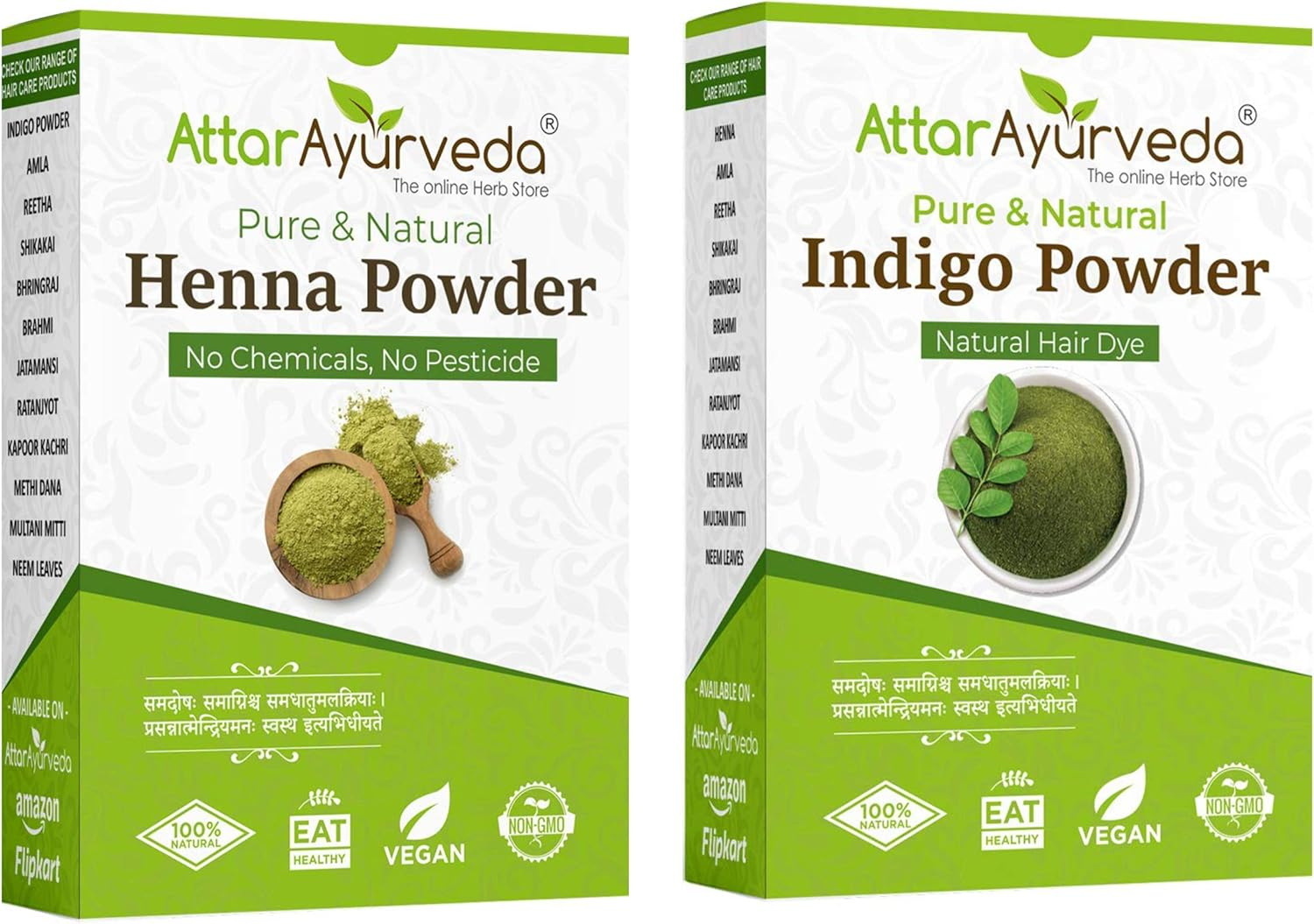 Attar Ayurveda Natural Dye for Black Hair (Henna Leaves Powder| Indigo Leaves Powder Combo Pack) (200 Grams + 200 Grams = 400 Grams Total) - 14 Ounce Pack 2