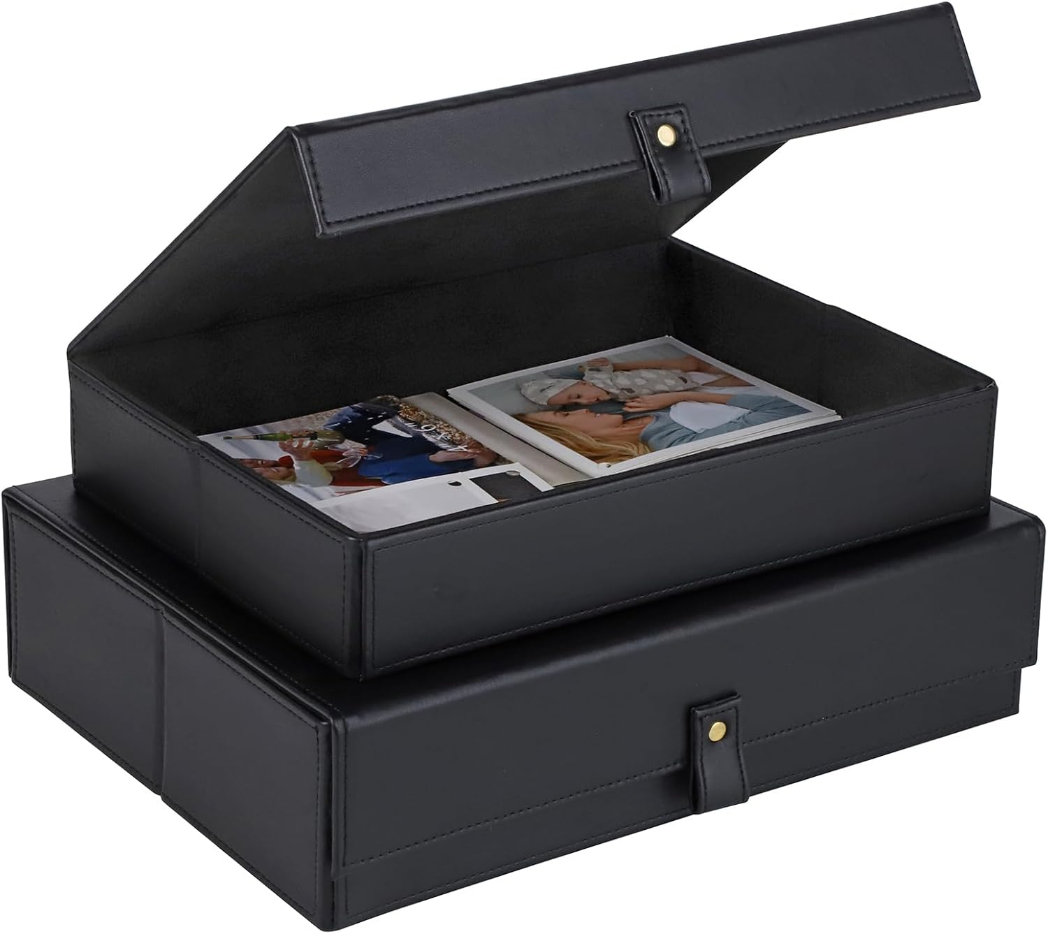 Hofferruffer Photo Storage Boxes with Dust-Proof Lid, Set of 2 Faux Leather Lidded Storage Bins, Photo, Jewelry, Scrapbooking Supplies, Keepsake Organizer for Elegant Home & Office Decor (Green)