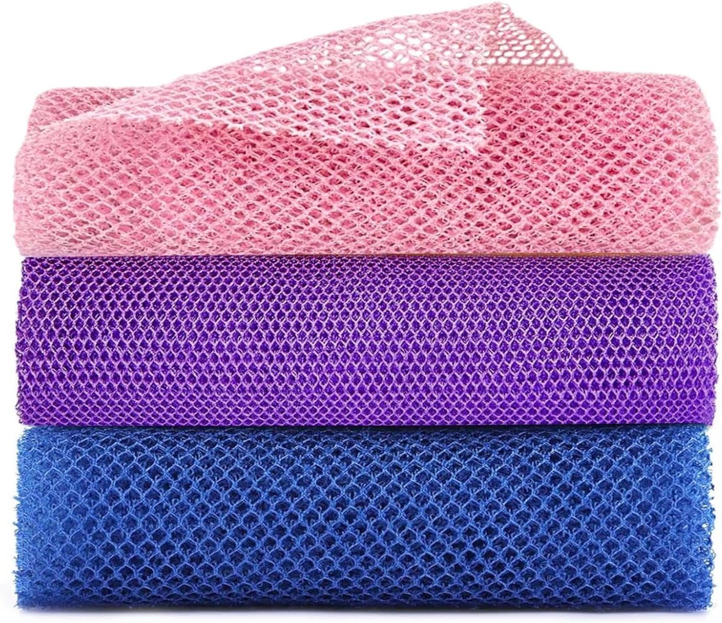 3 Pcs African Net Sponge, Exfoliating, Long 80X30Cm, Bath Sponge, Shower Sponge, Body Sponge, Net Cloth, Nylon Back Scrubbers, Skin Smoother, Deep Cleaning, for Men and Women (Pink Blue Purple)