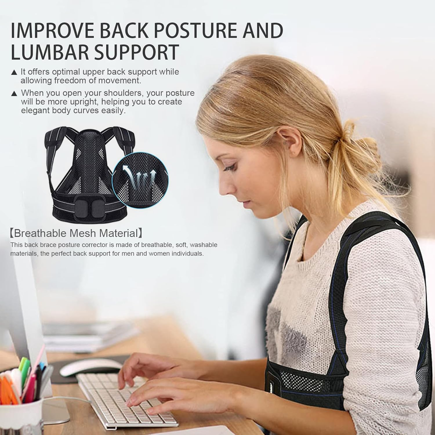 Back Brace Posture Corrector for Women and Men, Adjustable Scoliosis and Hunchback Correction, Breathable Back Straightener Posture Corrector, Improve Back Posture and Lumbar Support (L) image number 5