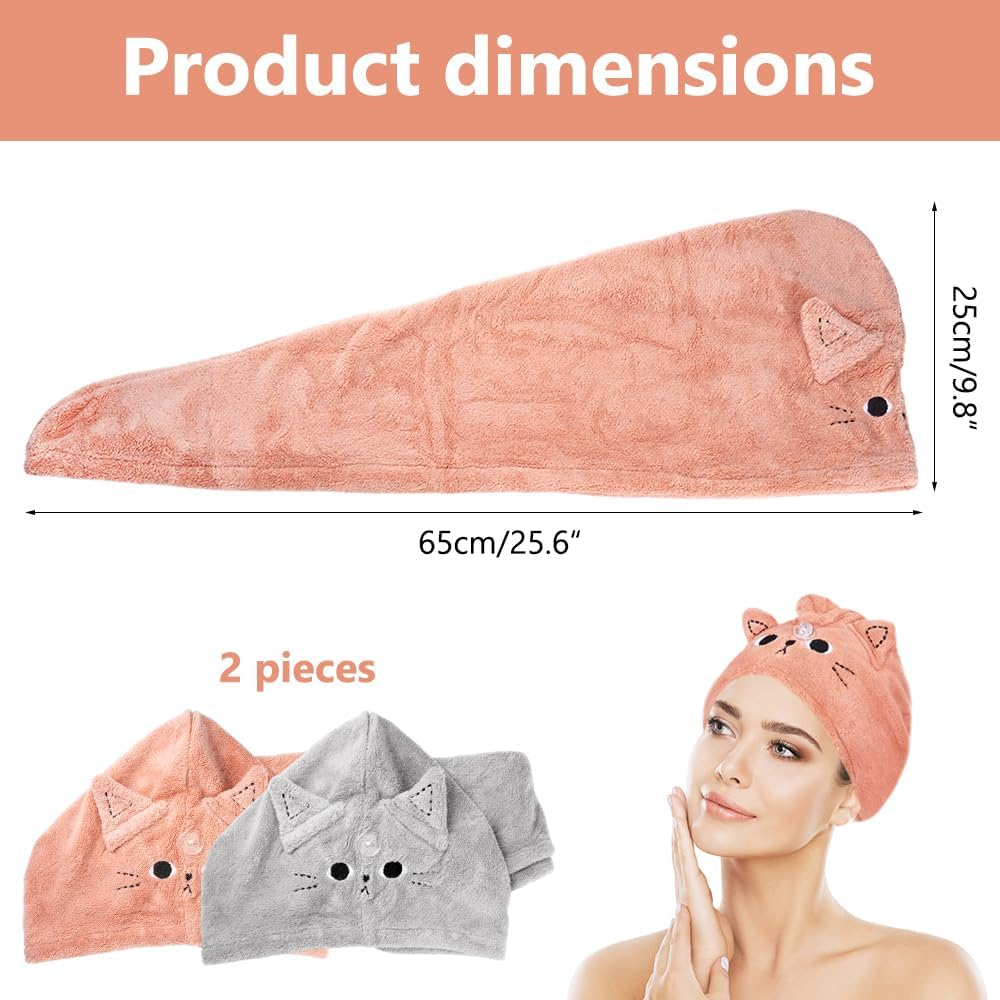 Pack of 2 Microfibre Hair Towel Wraps, Hair Plopping Towel Curly, Quick-Drying Hair Turban, Wrap Super Absorbent, Dark Pink, Grey, Cat Coral Fleece Absorbent Hair Towel for Women Girls image number 1