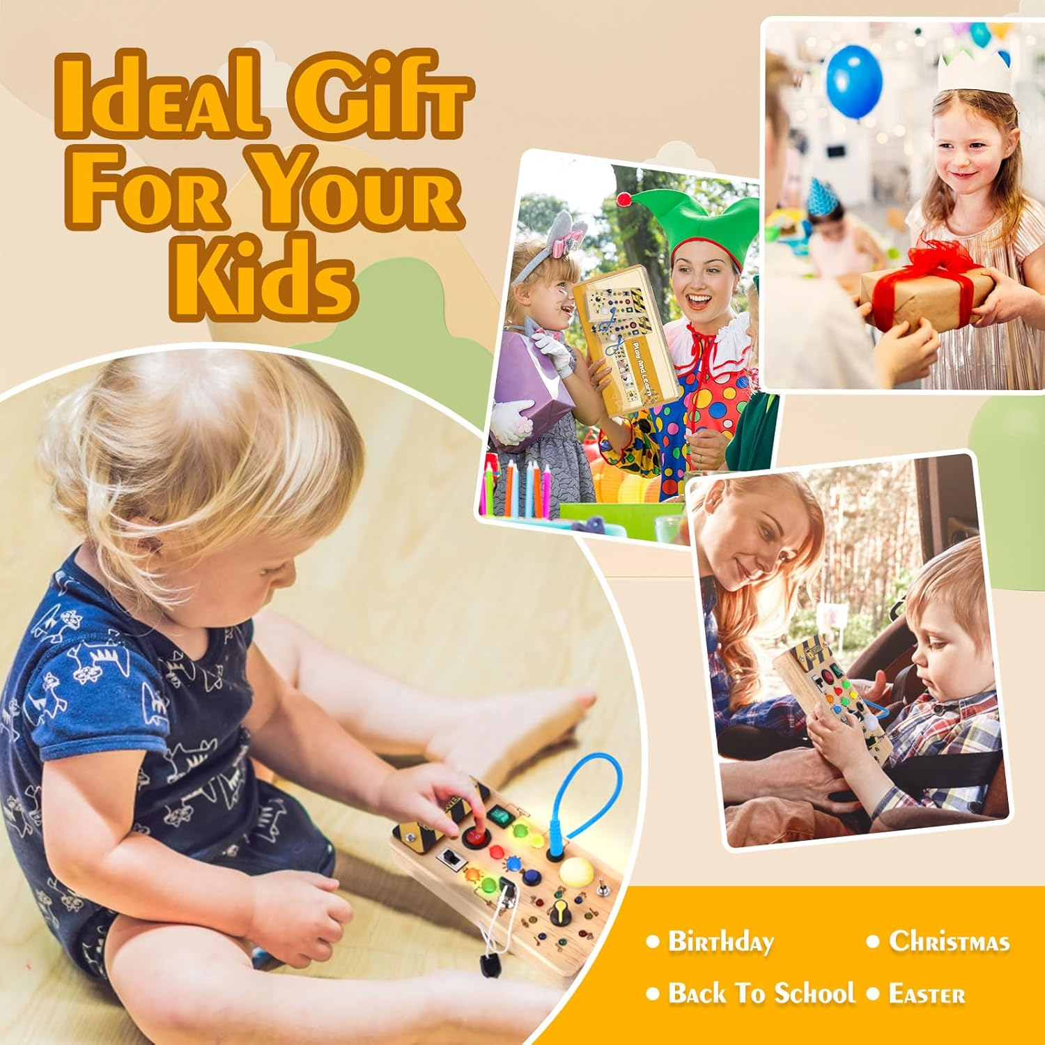 Montessori Toddler Busy Board, Baby Wooden Busy Board with 8 LED Light Switches, Sensory Toys Light Switch Toys Travel Toys for 1+ Year Old Baby and Toddler image number 1