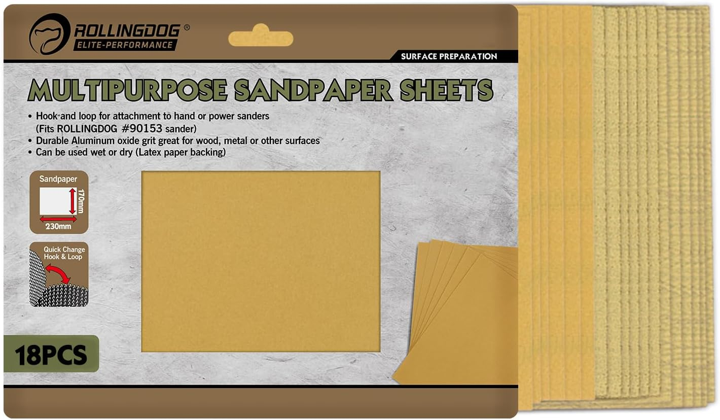 ROLLINGDOG 9" Sandpaper Sheets - 6 Each #80#120#240(18 Total),Hook&Loop Sanderpaper for Wood Metal or Other Surfaces(For ROLLINGDOG Corner Sander)