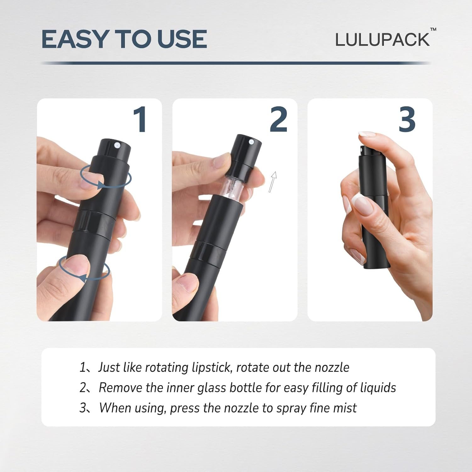 Lulupack 8 Ml Atomiser, Portable Refillable Perfume Atomiser, Cologne Travel Spray Bottle (Pack of 6, Black) image number 3