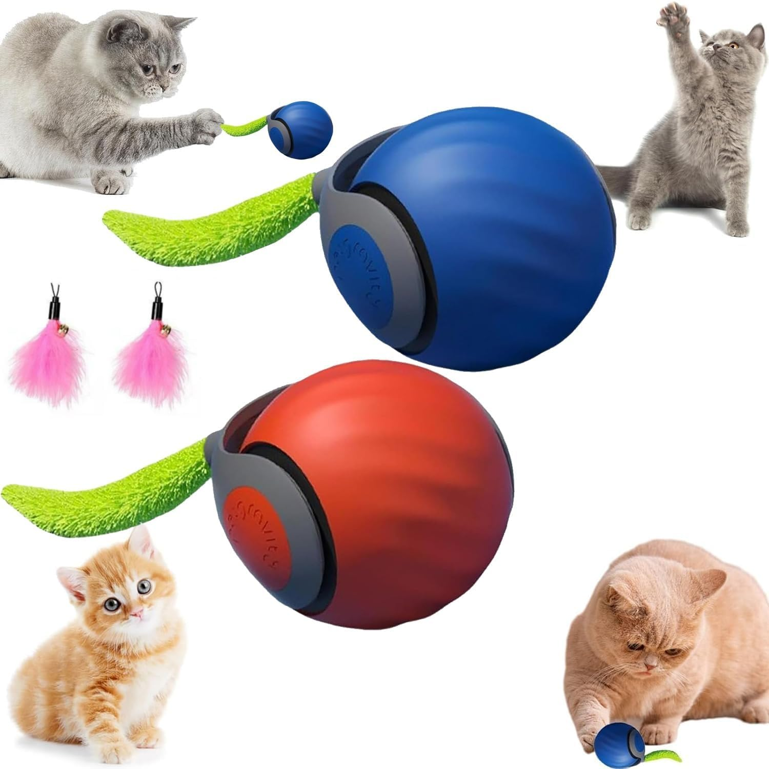 Speedy Tail Cat Toy, New Generation Interactive Cat Toy, Smart Interactive Cat Toy Ball, Speedy Tail 2.0, Two Speed Adjustment, Automatic Moving Cat Toy Ball with Tail, Mix, Orange+Blue image number 1