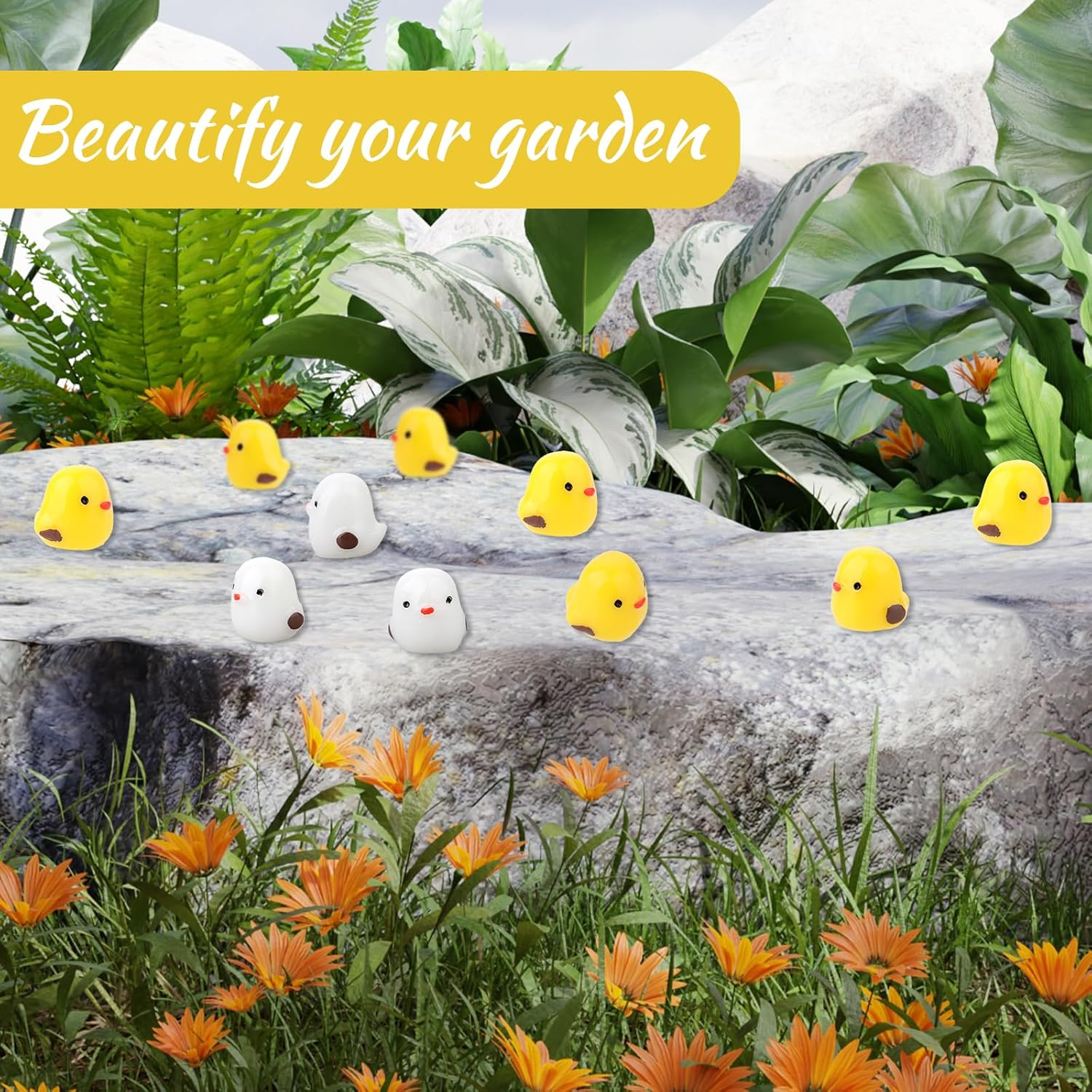 Hariendny 100 Pcs Tiny Chicken Figurines Mini Resin Chickens Model Mini Plastic Chickens Miniature Figurines Miniature Garden Ornaments Accessories for Home Decoration DIY Craft(Yellow&White) image number 1