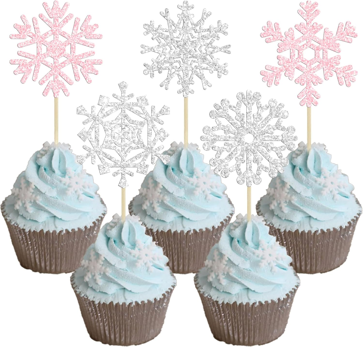 Gyufise 30Pcs Snowflake Cupcake Toppers Blue Glitter Winter Frozen Cupcake Picks Winter Wonderland Cake Decorations for Snowflake Winter Christmas Kids Birthday Party Supplies