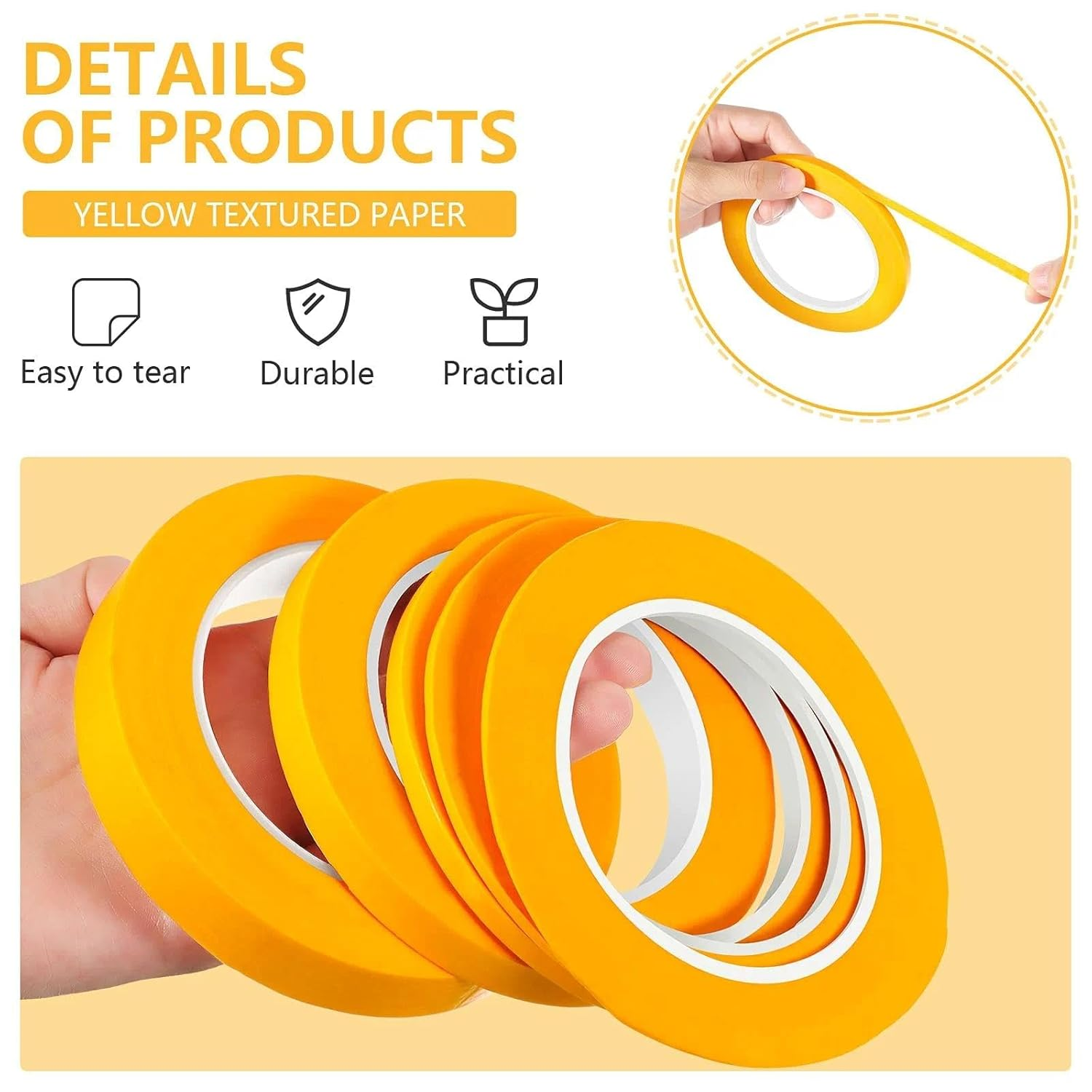 5 Rolls Masking Tape Set, Fine Line Yellow Painters Tape for Automotive & DIY Painting, Sizes 1/16, 1/8, 1/4, 1/2, 3/4 Inch X 52 Yard image number 6