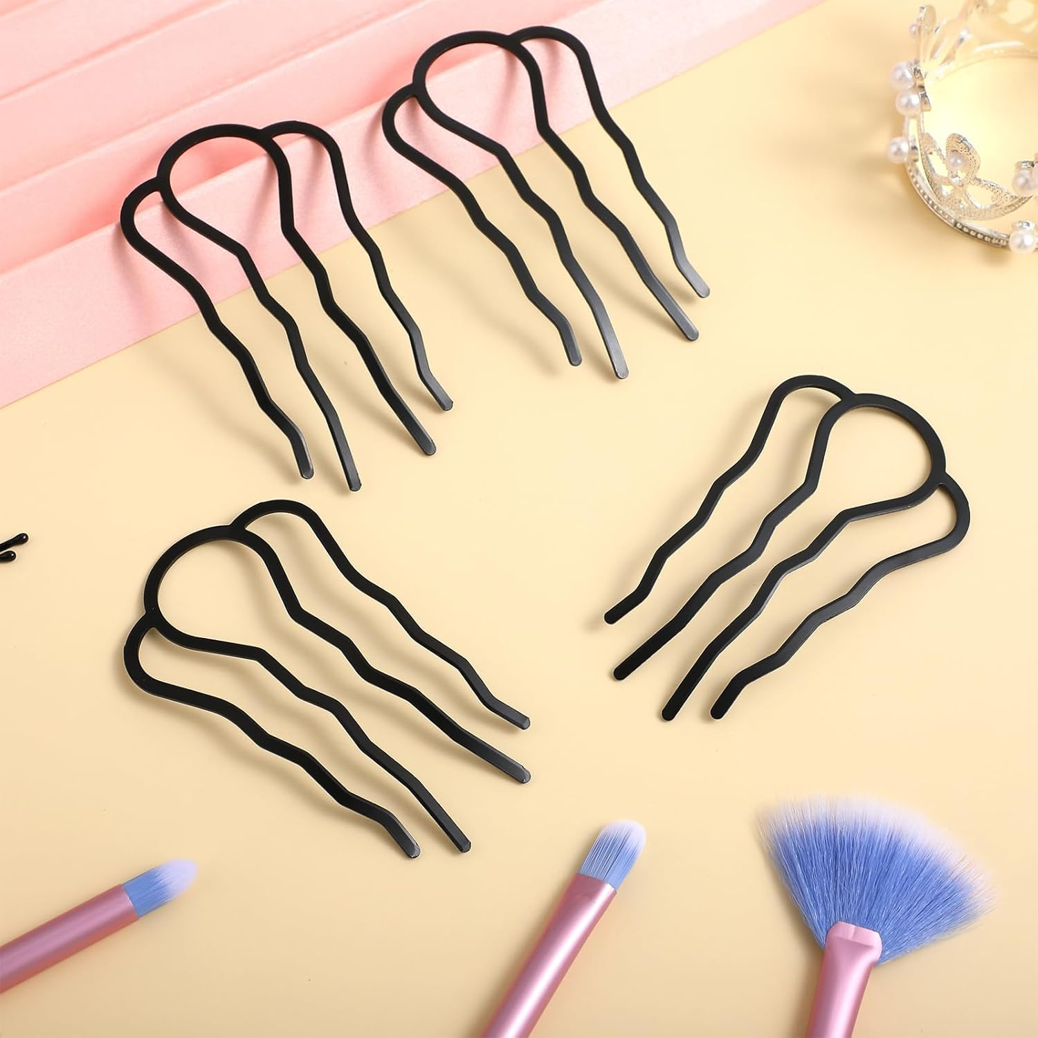 Gjinxi Hair Side Combs Metal Hair Fork Clip 4PCS French Hairpins for Buns Hairs Updo U-Shape 4 Prong Hairs Sticks Styling Tool Accessories Twist Black Headpieces for Women Decoration - Silver Tone image number 4