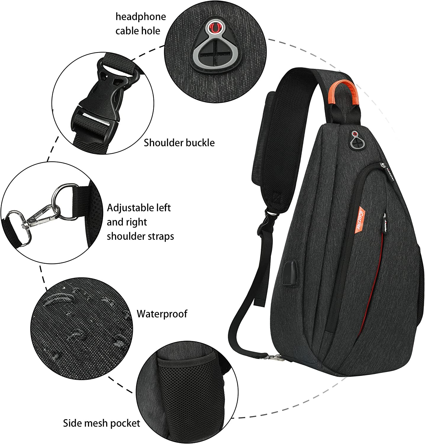 Icozzier Mens Sling Chest Bag Crossbody Backpack Shoulder Bag for Men Waterproof Outdoor Rucksack anti Theft Daypack with USB Charger Port& Bottle Holder for Biking Travel Cycling image number 1