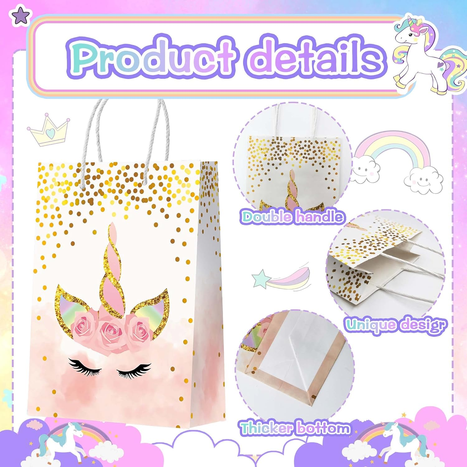 24Pcs Unicorn Party Favor Bags Unicorn Goodie Gift Treat Candy Bags Reusable Goody Kraft Paper Bag with Handle for Party Supplies Birthday Decorations image number 4
