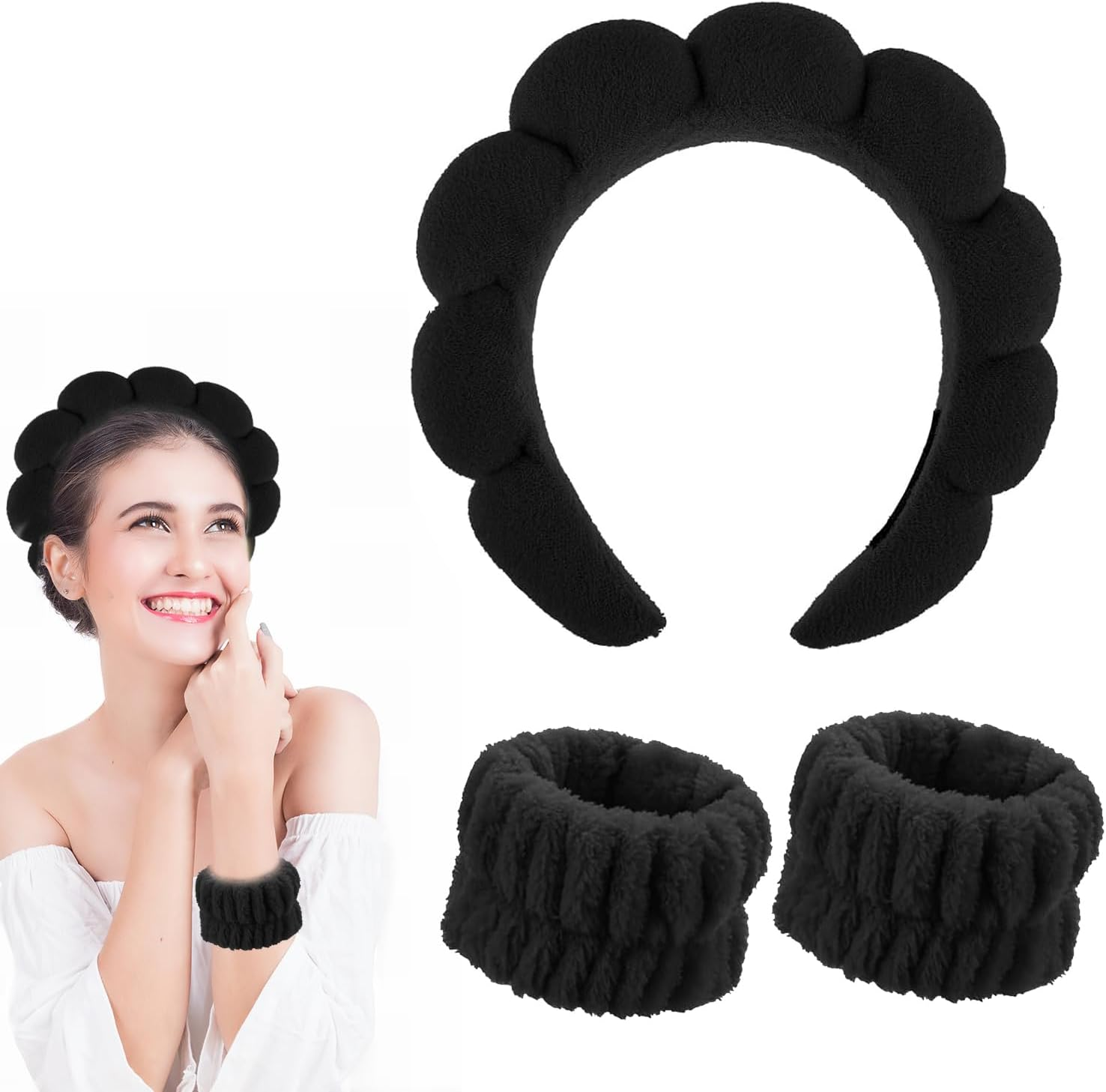 Skin Care Headband Bracelets for Face Wash Set Soft Sponge Makeup Spa Headband Hair Band Face Wash Headband Wash Face Bracelet Non-Slip Headband for Women and Girls (Black)