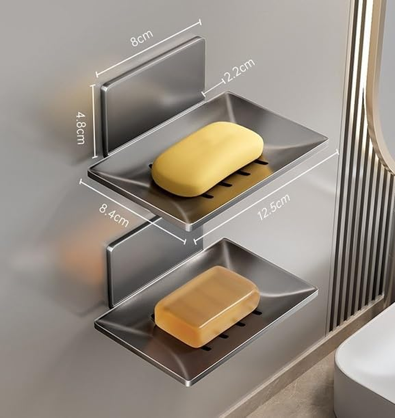 Self-Adhesive Soap Dish for Shower, Bathroom Soap Holder Wall Mount, Soap Savers for Bar Soap and Sponge Easy Drainage, 2 Pack Stainless Steel Soap Dishes for Bar Soap (Grey, One Size) image number 1