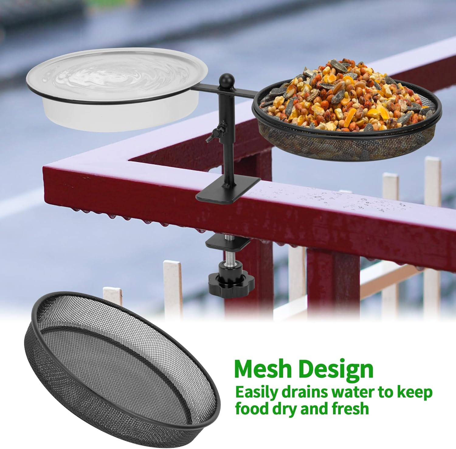 Deck Bird Feeder, 2 in 1 Deck Mount Bird Bath Feeder, Detachable Platform Bird Feeder with Metal Mesh Tray and Water Bowl for Outdoor Balcony Attracting Birds