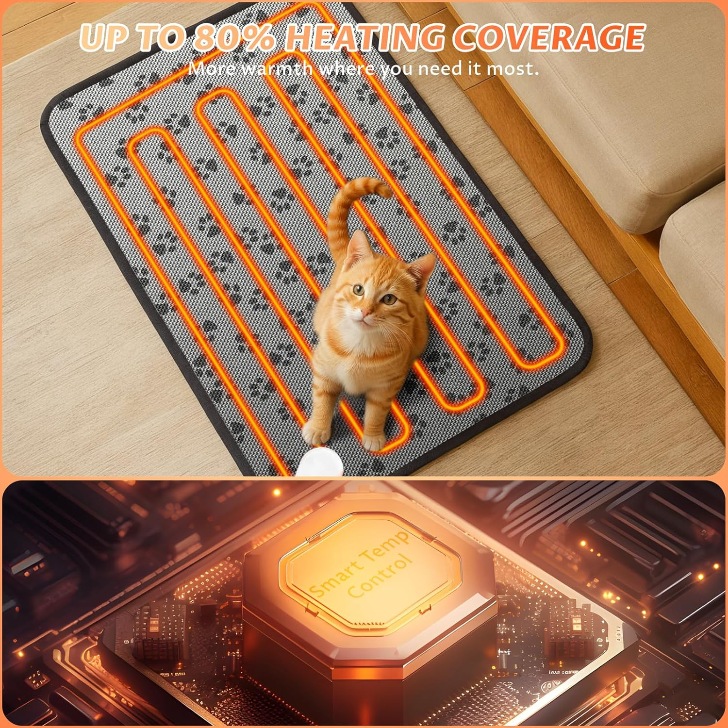 Pet Heated Mat for Cats Dogs - Large Pet Heating Pad with Indicator and 2 Adjustable Thermal, Warming Cat Dog Bed Blanket with Overheating Protection, Bite Resistance Cable - Gray, 50X70Cm