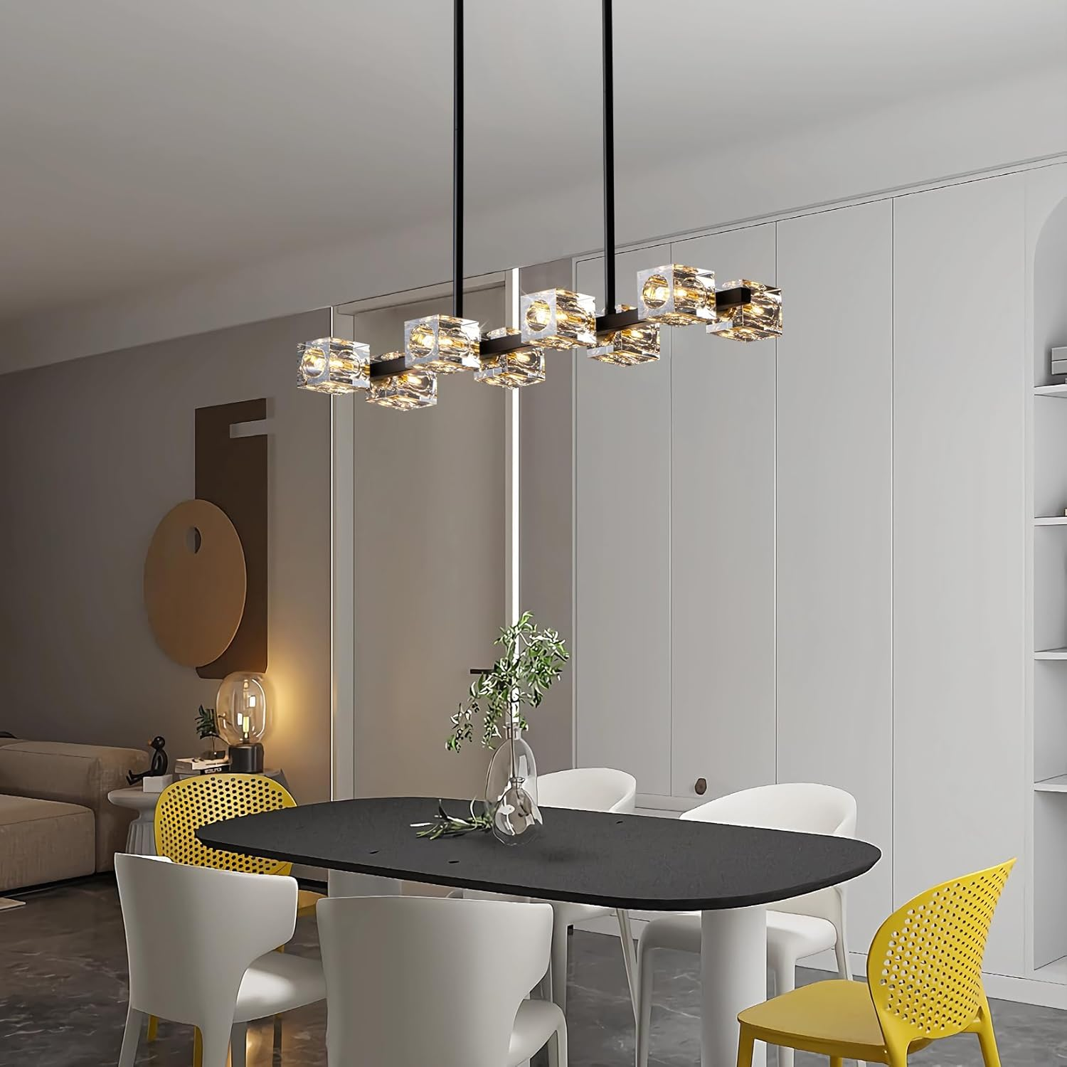 Modern Crystal Pendant Light, Black and Gold Linear Chandelier,8-Light Kitchen Light over Island,Dining Room Handing Ceiling Light Fixture for Living Room image number 5