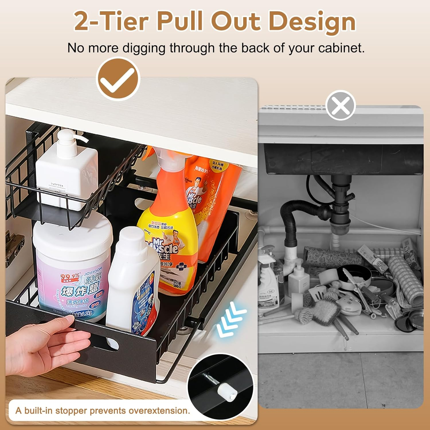 2 Pack under Sink Organiser, 2-Tier under Sink Storage Shelf Height Adjustable Durable Metal Sliding Drawers for Bathroom Kitchen Cabinet Storage under Sink Storage & Organisation (2 Pack Black) image number 5