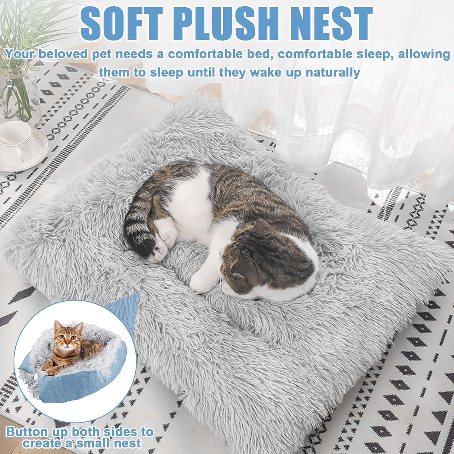 50 X 60 Cm Fluffy Cat Bed, 2-In-1 Cat Blanket for Cats, Washable Cat Cushion, Dog Bed, Cat Sofa, Cat Bed for Cats and Small Dogs (Green) image number 4