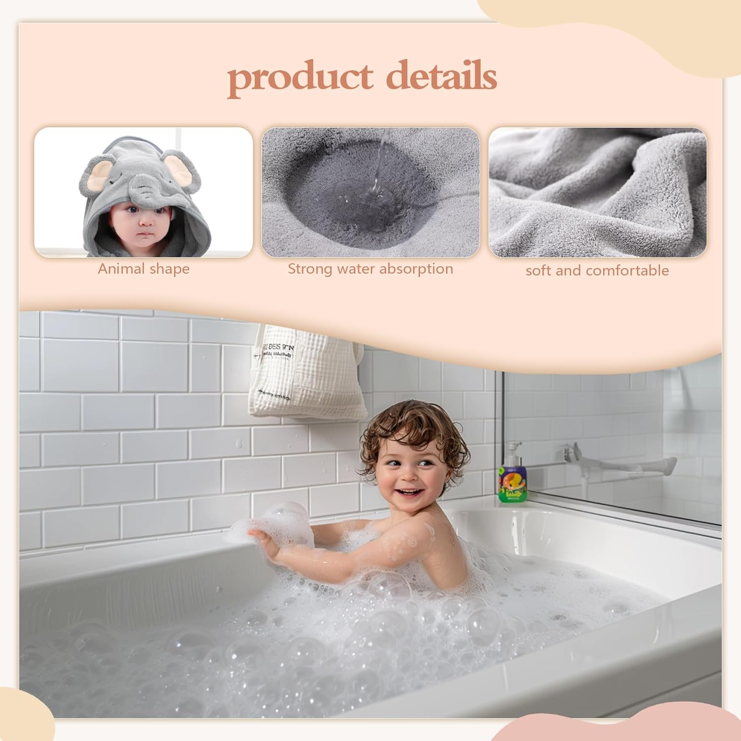 3-Piece Hooded Baby Towel Set - Super Soft Hooded Baby Bath Towels with Small Towel and Baby Bib for Infants, Newborns - Super Absorbent (Gray) - Gray image number 4