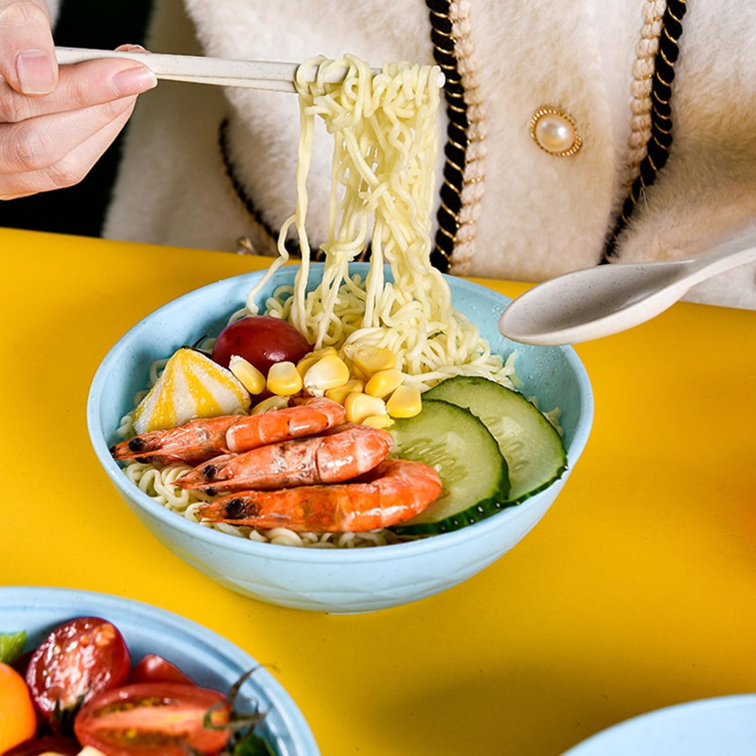 Ramen Bowl,Ramen Noodle Bowls Microwavable,6-Piece Ramen Cooker with Chopsticks,Spoon,Fork,Ramen Pot Set with Strainer and Lid for Dorm Room,Apartment,Home,Office - Blue image number 3