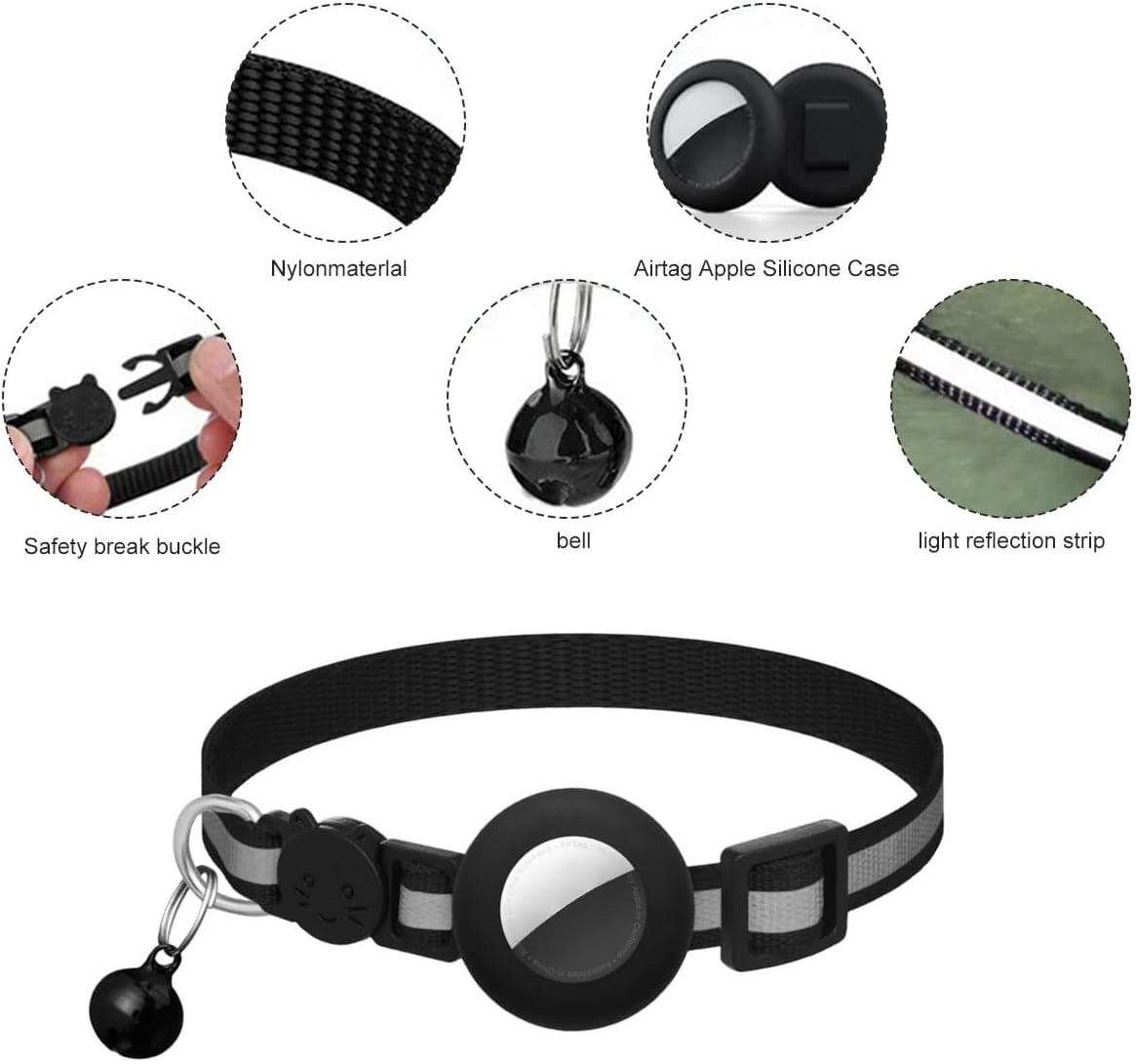 Airtag Cat Collar with Bell, Personalised Airtag Collar Cat, Cat Collar, Reflective Airtag Cat Collar with Airtag Case, Airtag Cat Collar for Kittens, Cat (Black) image number 4