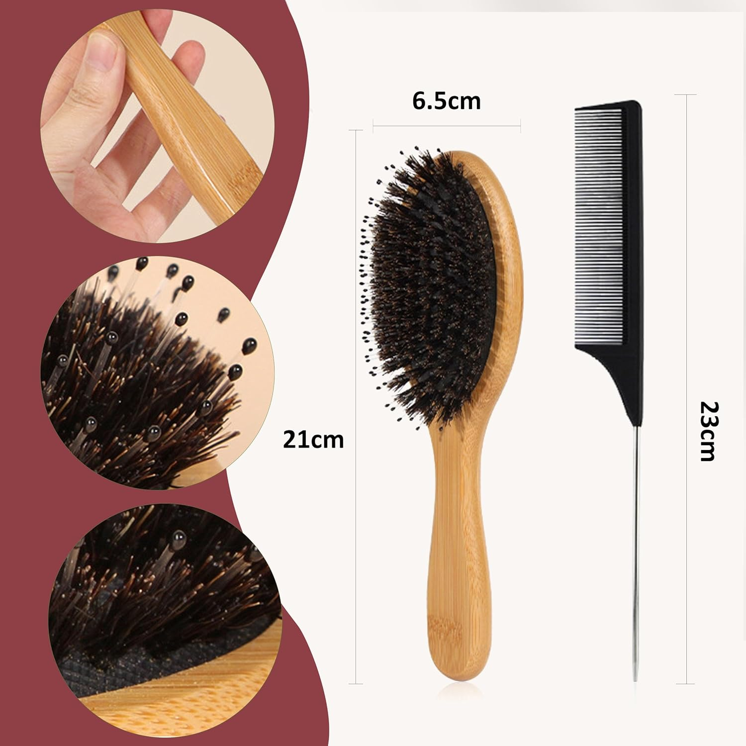 Boar Bristle Hair Brush Set, Natural Massage Hair Brush, Wooden Paddle Hairbrush, Slick Backbrush for Long and Curly Hair Thick, Hairbrush Detangling Smoothing All Hair Types image number 6