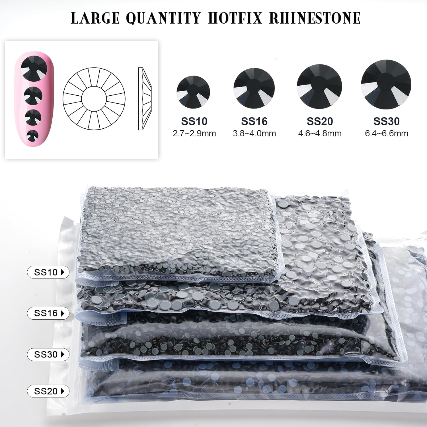 YHMQ DU Hotfix Rhinestones, Bulk, 2000 Crystal Hotfix Rhinestones for Crafts, Clothing, DIY Decoration, Black SS30, 6.4-6.6 Mm image number 3