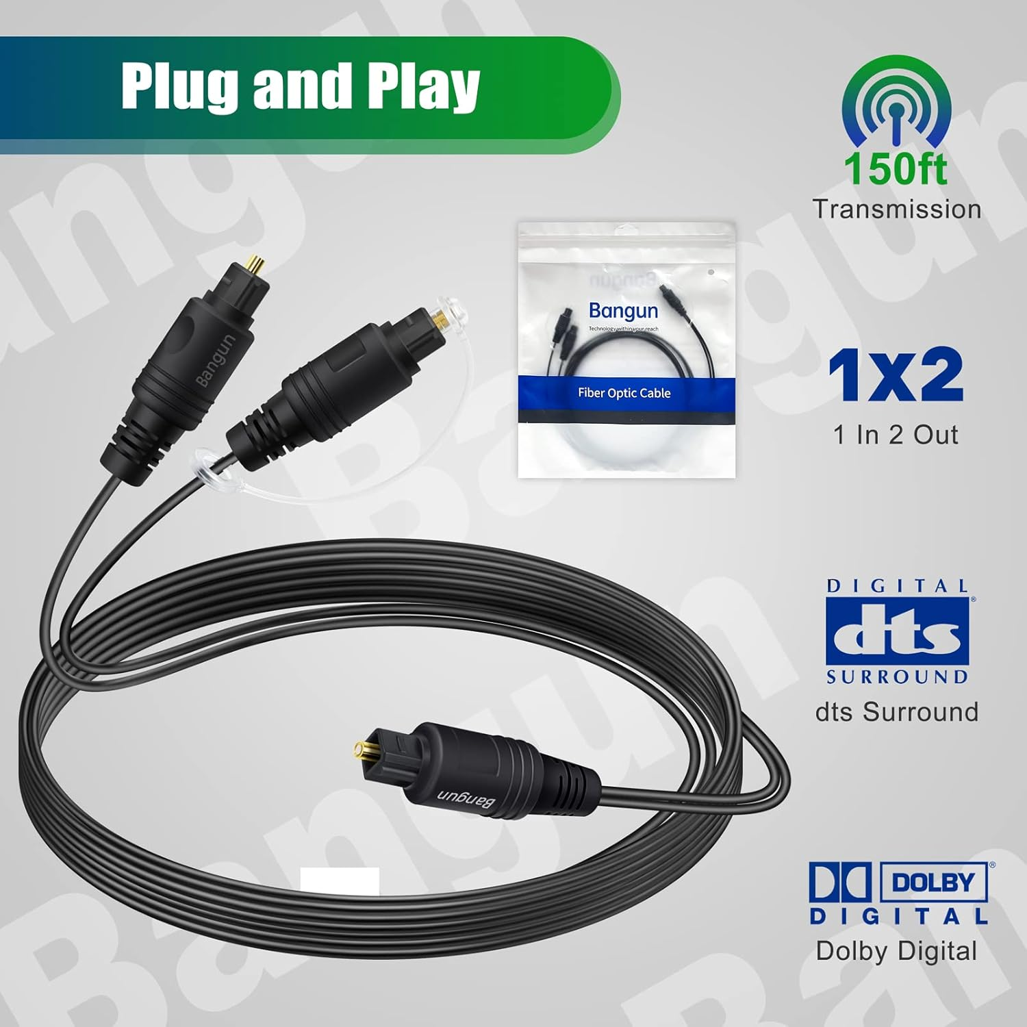 Bangun 1X2 Digital Audio Splitter Cable, Toslink Digital Fiber Optic Audio Splitter 1 Male Input 2 Male Output (For Home Theatre, Xbox, PS5/PS4), 10Ft image number 3