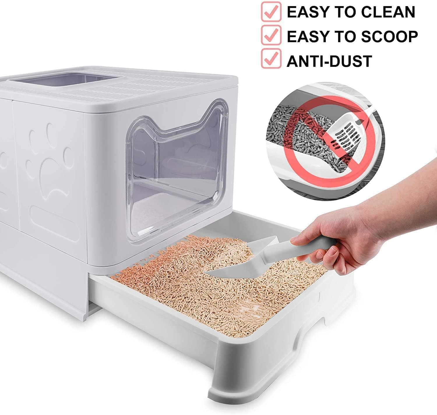 Boutsady Large Foldable Cat Litter Box with Lid - Top Entry Kitty Litter Tray, Anti-Splash Portable Kitty Potty for Cats, Includes Litter Scoop (Grey, One Size)