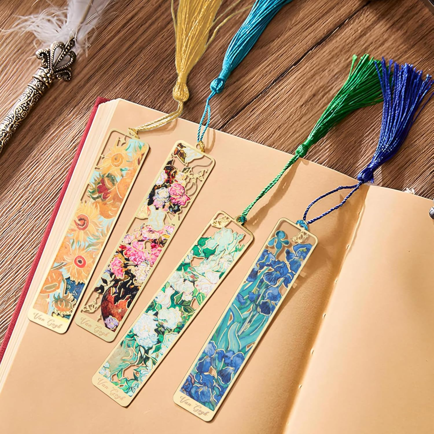 4 Metal Bookmarks with Tassels, Golden Hollow, Van Gogh Oil Painting Theme, for Book Lovers, Writers, Readers (Children, Teens, Adults) image number 4