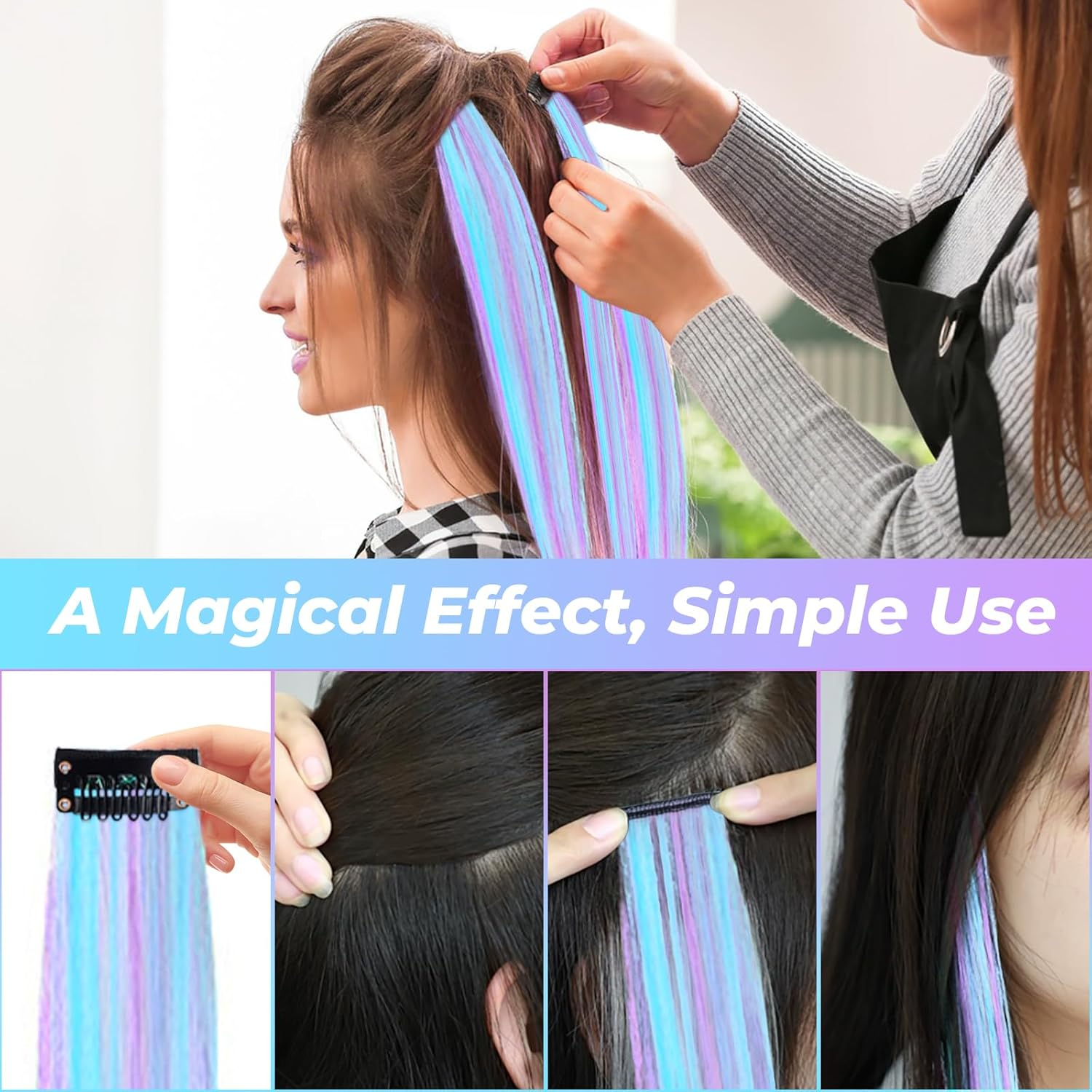 Healife Pack of 12 Clip-In Extensions, Hair Strands for Clip-In, Glitter Hair Bundles, Hairpiece with Clip Hair Extensions for Girls, Coloured Wire Hair Extensions, 9 Inch Clip-In Hair Bundles