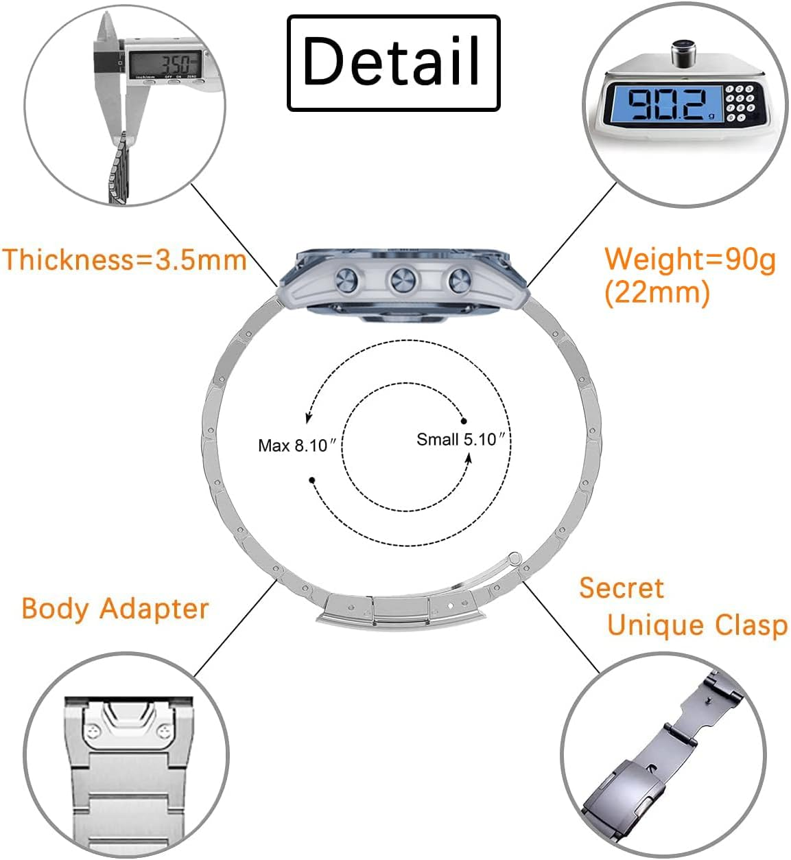 Maktech Titanium Band for Garmin,22Mm Three-Piece Metal Bracelet Strap with Quick Release Connector,Tortoise Buckle,For Garmin Fenix 8 47Mm/7/7 Pro/6/6 Pro/5/5 plus Smartwatch (Black) image number 6
